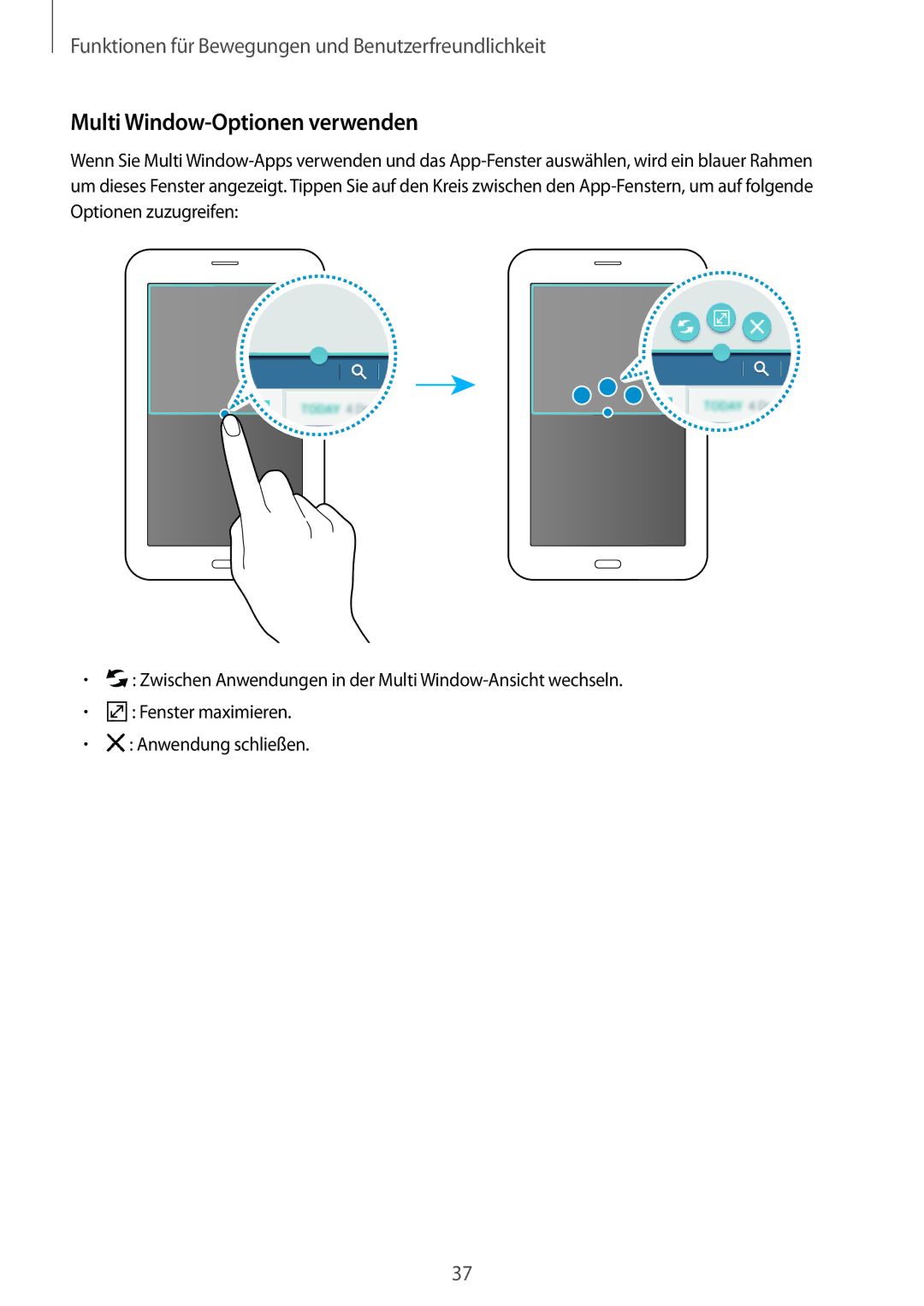 Samsung SM-T116NDWAEUR, SM-T116NDWADBT, SM-T116NYKADBT, SM-T116NYKAATO, SM-T116NDWAATO manual Multi Window-Optionen verwenden 