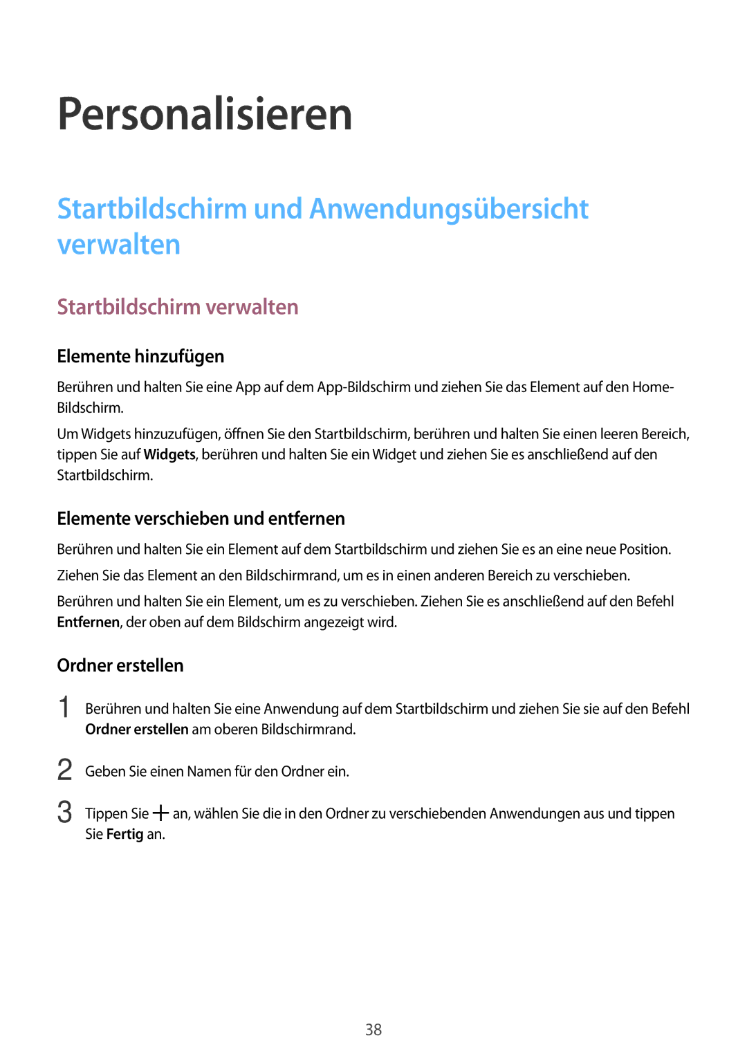 Samsung SM-T116NYKADBT manual Personalisieren, Startbildschirm und Anwendungsübersicht verwalten, Startbildschirm verwalten 