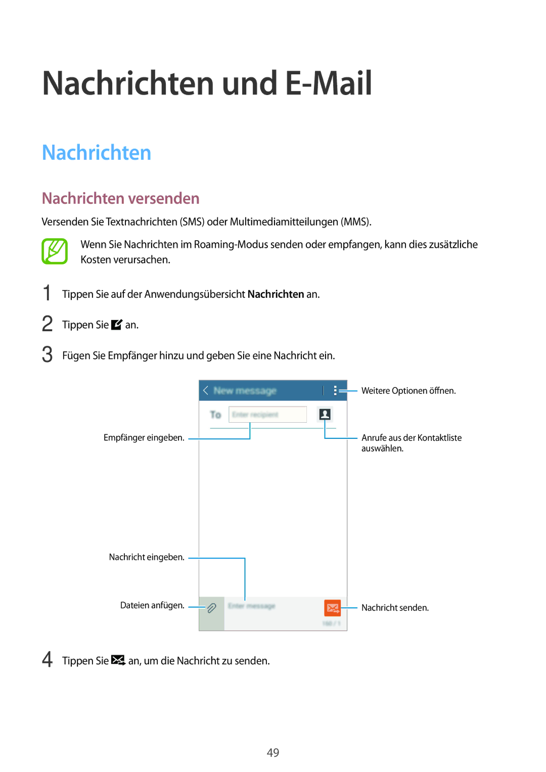 Samsung SM-T116NDWAEUR, SM-T116NDWADBT, SM-T116NYKADBT, SM-T116NYKAATO manual Nachrichten und E-Mail, Nachrichten versenden 