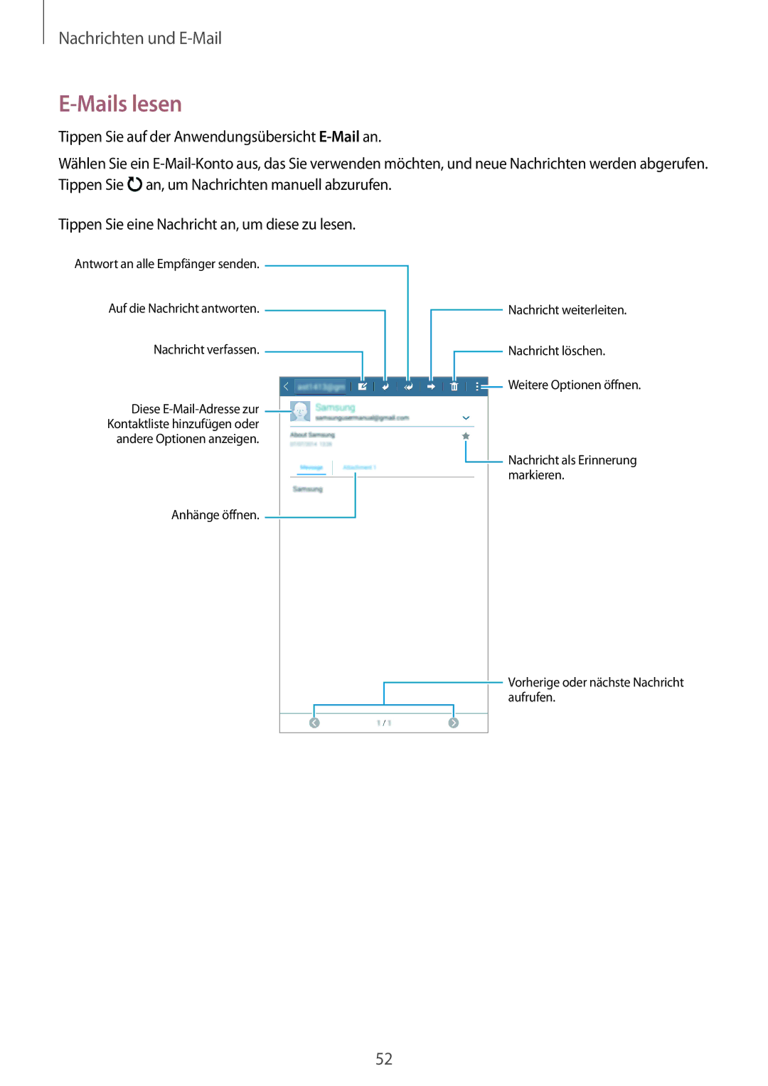 Samsung SM-T116NDWAATO, SM-T116NDWADBT, SM-T116NDWAEUR, SM-T116NYKADBT, SM-T116NYKAATO, SM-T116NYKAEUR manual Mails lesen 