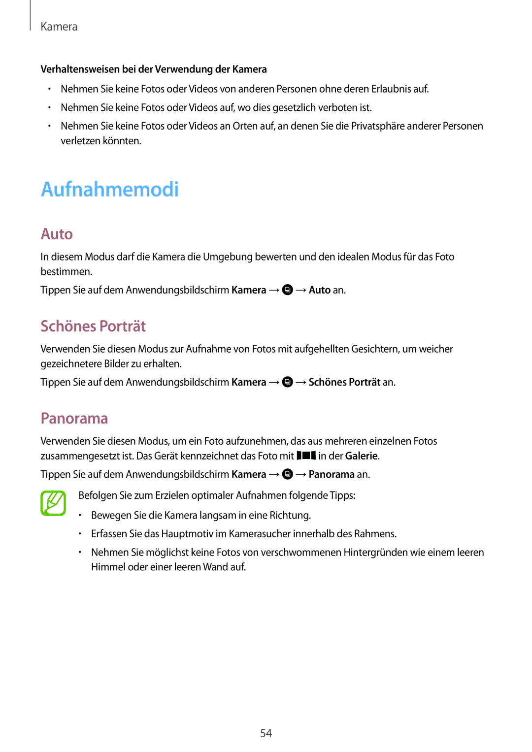 Samsung SM-T116NDWADBT manual Aufnahmemodi, Auto, Schönes Porträt, Panorama, Verhaltensweisen bei der Verwendung der Kamera 