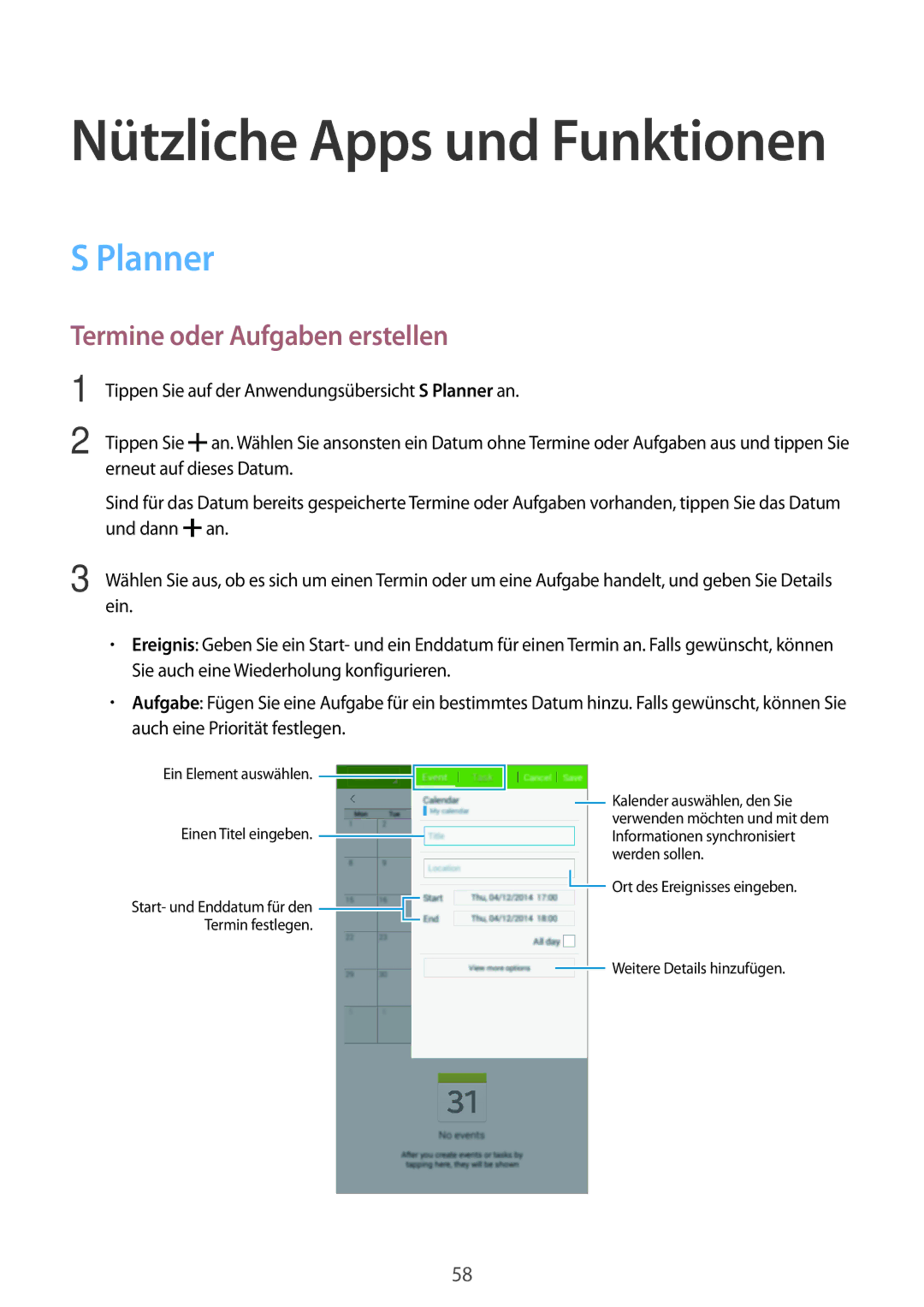 Samsung SM-T116NDWAATO, SM-T116NDWADBT, SM-T116NDWAEUR, SM-T116NYKADBT manual Planner, Termine oder Aufgaben erstellen 