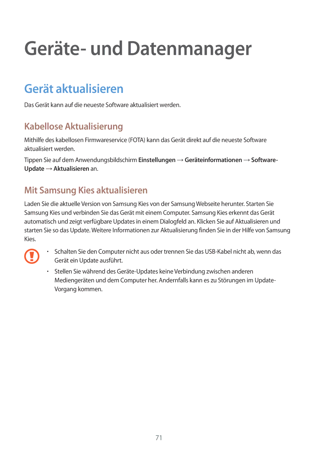 Samsung SM-T116NYKAEUR, SM-T116NDWADBT manual Geräte- und Datenmanager, Gerät aktualisieren, Kabellose Aktualisierung 