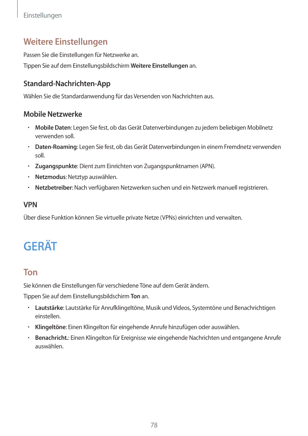 Samsung SM-T116NDWADBT, SM-T116NDWAEUR manual Weitere Einstellungen, Ton, Standard-Nachrichten-App, Mobile Netzwerke 