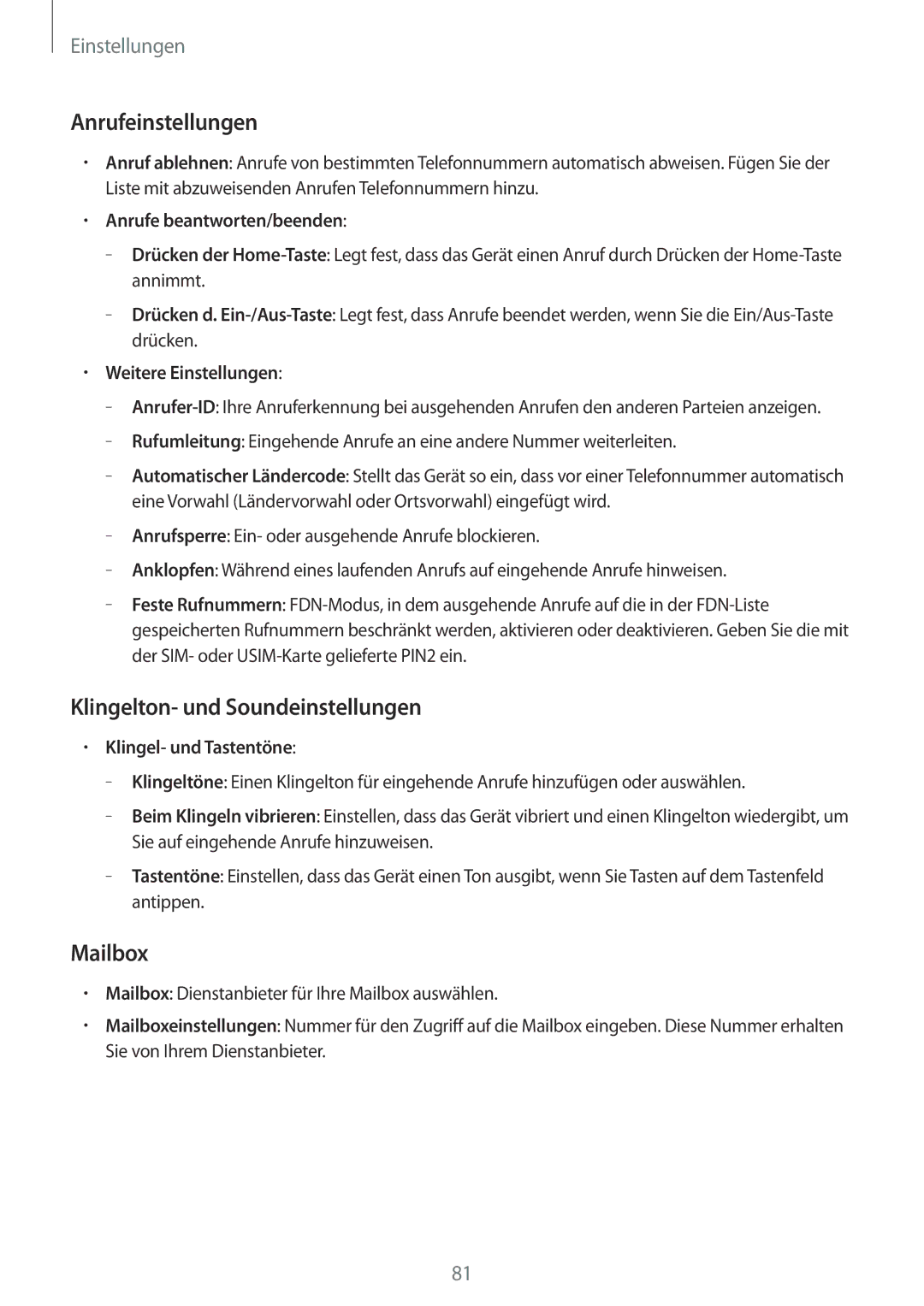 Samsung SM-T116NYKAATO, SM-T116NDWADBT, SM-T116NDWAEUR manual Anrufeinstellungen, Klingelton- und Soundeinstellungen, Mailbox 