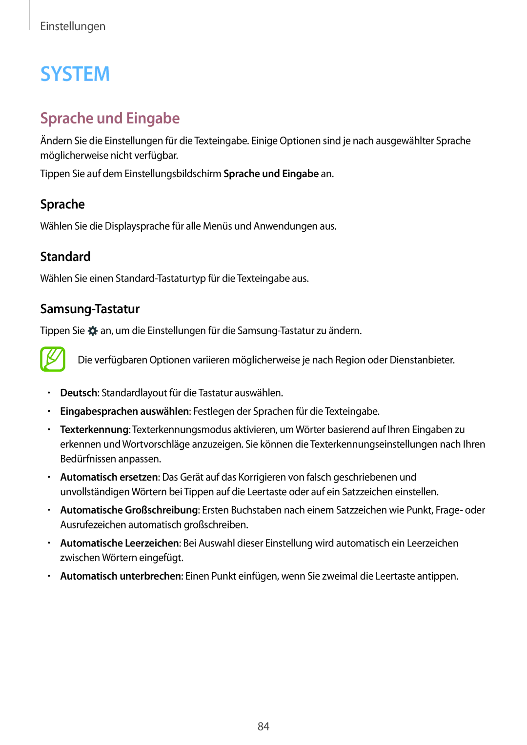 Samsung SM-T116NDWADBT, SM-T116NDWAEUR, SM-T116NYKADBT, SM-T116NYKAATO manual Sprache und Eingabe, Standard, Samsung-Tastatur 