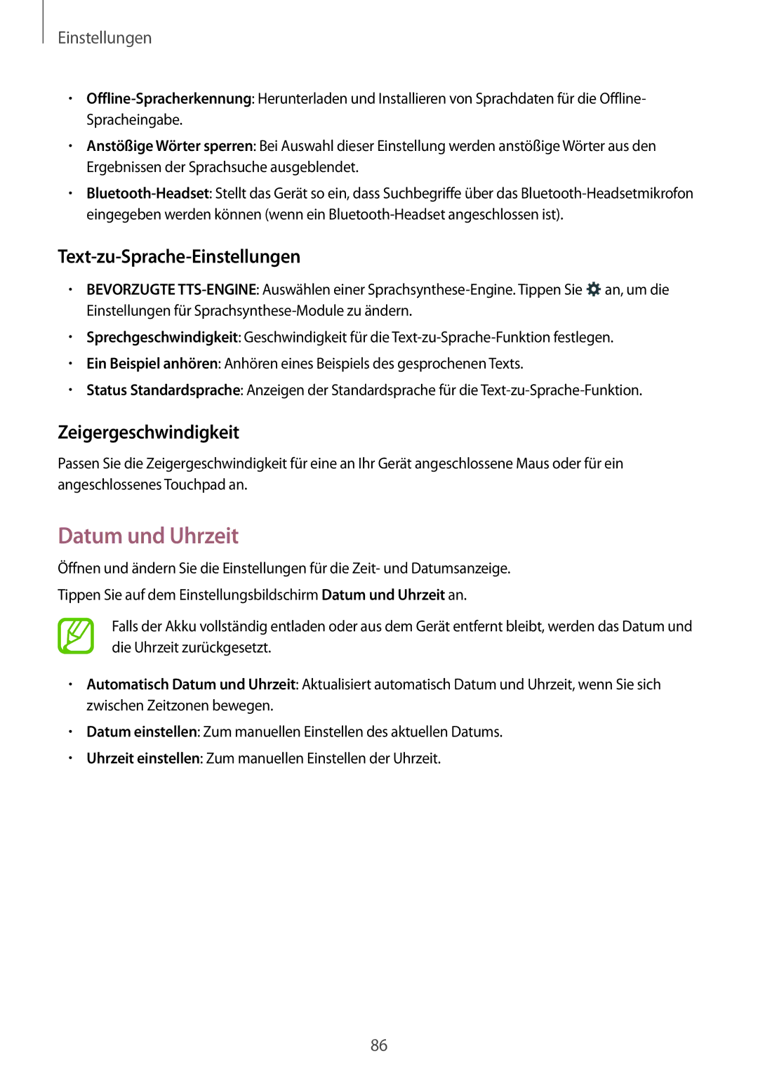 Samsung SM-T116NYKADBT, SM-T116NDWADBT manual Datum und Uhrzeit, Text-zu-Sprache-Einstellungen, Zeigergeschwindigkeit 