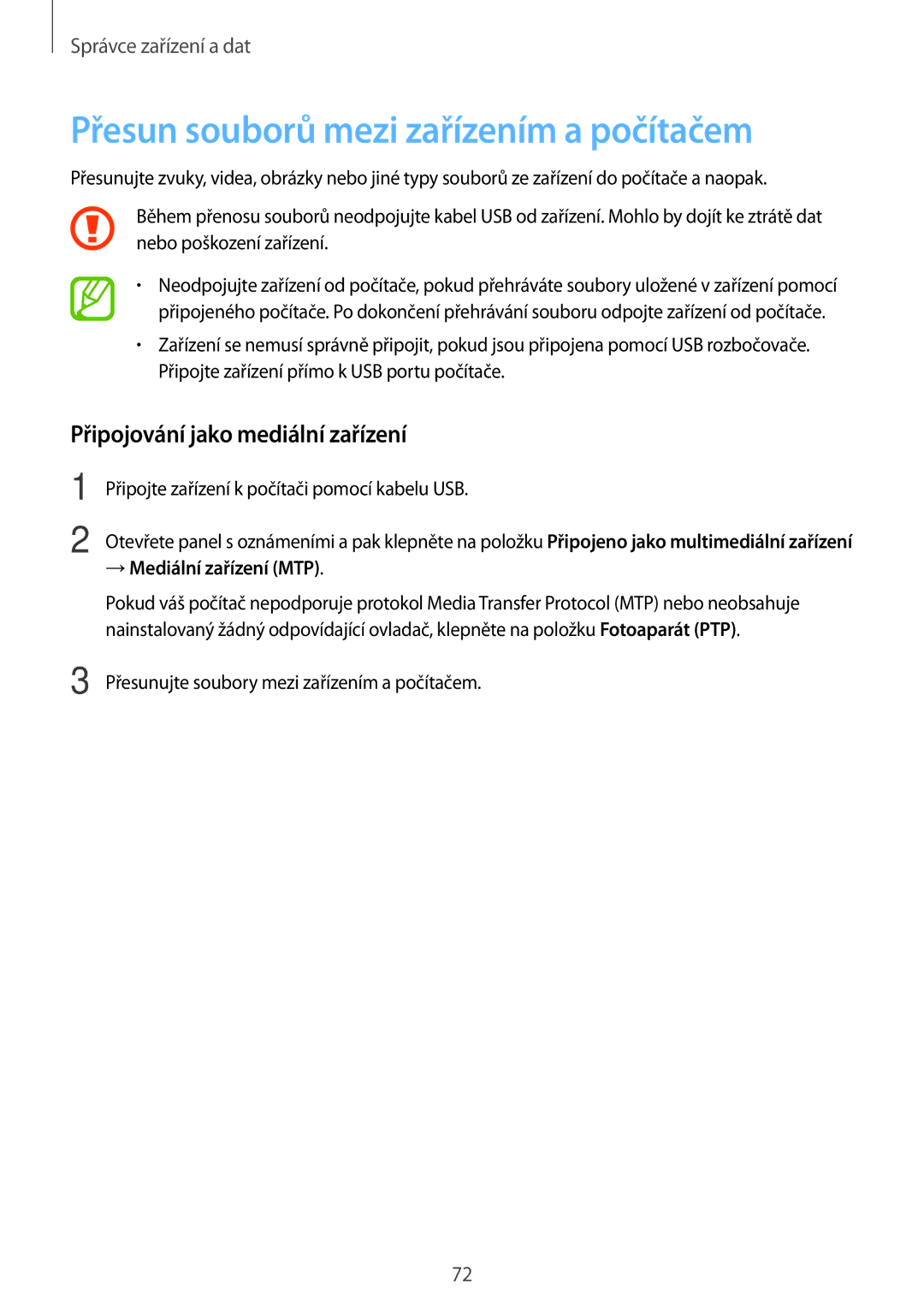 Samsung SM-T116NDWAEUR, SM-T116NYKAEUR manual Přesun souborů mezi zařízením a počítačem, Připojování jako mediální zařízení 