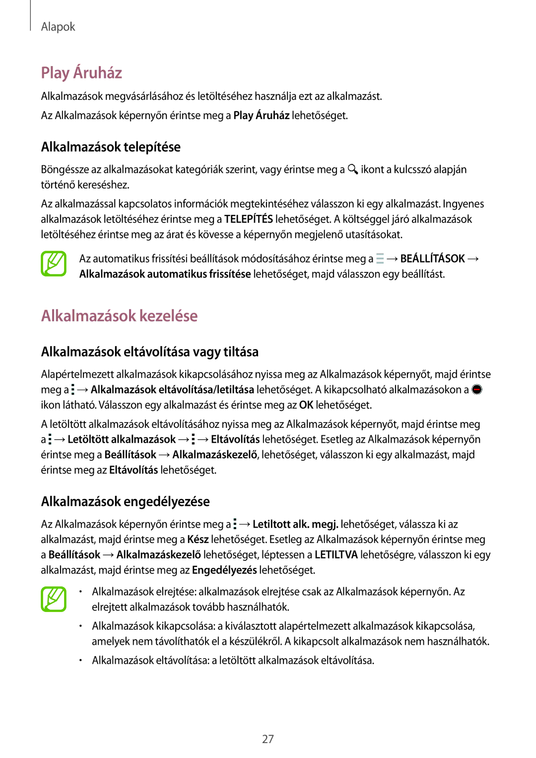 Samsung SM-T116NYKAXSK, SM-T116NDWAEUR manual Play Áruház, Alkalmazások kezelése, Alkalmazások eltávolítása vagy tiltása 