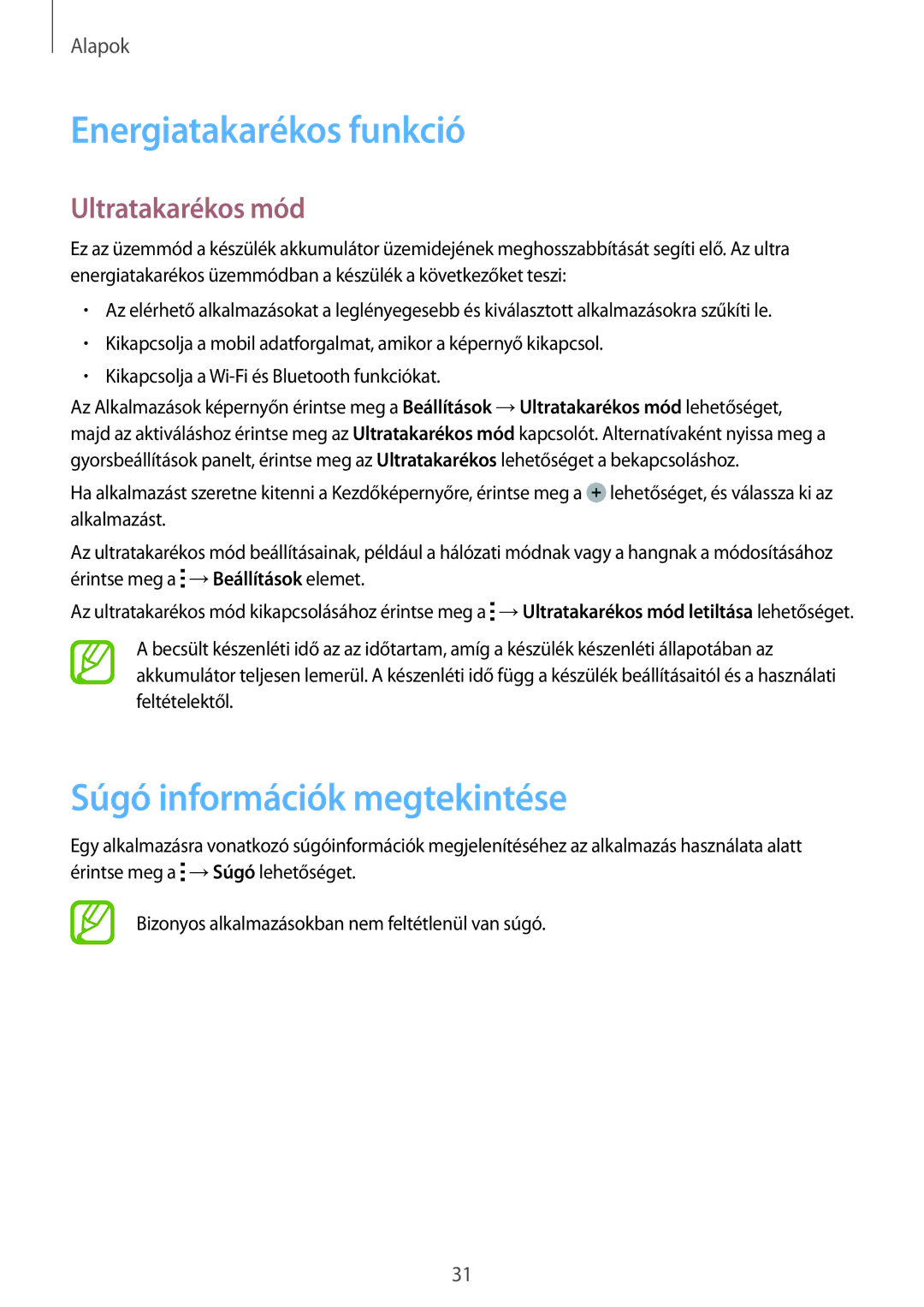 Samsung SM-T116NYKAEUR, SM-T116NDWAEUR manual Energiatakarékos funkció, Súgó információk megtekintése, Ultratakarékos mód 