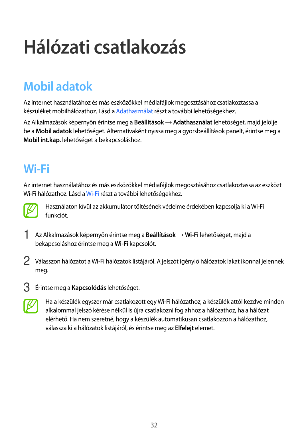 Samsung SM-T116NDWAXEH, SM-T116NDWAEUR, SM-T116NYKAEUR, SM-T116NYKAXSK manual Hálózati csatlakozás, Mobil adatok, Wi-Fi 