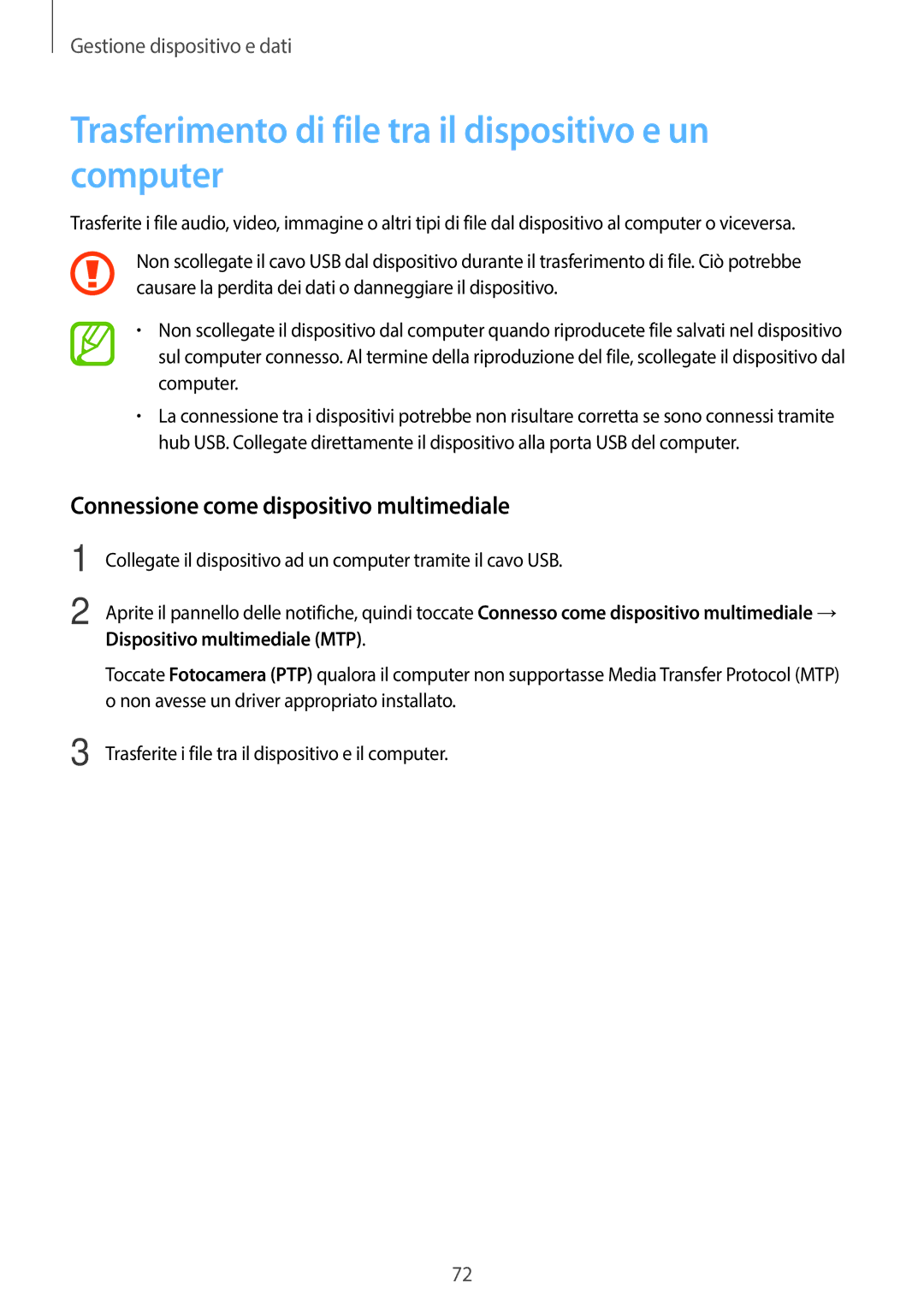 Samsung SM-T116NDWAITV Trasferimento di file tra il dispositivo e un computer, Connessione come dispositivo multimediale 