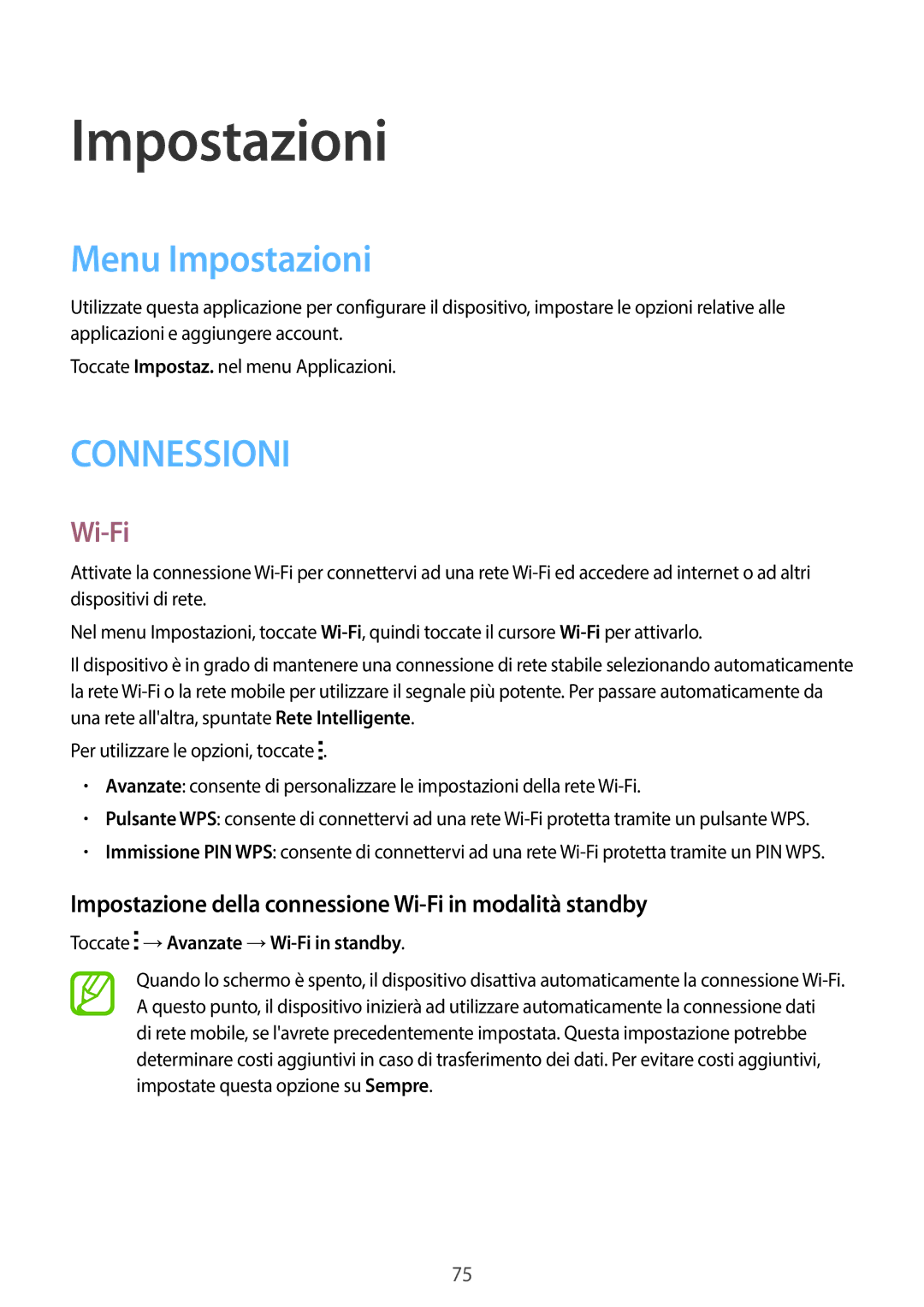 Samsung SM-T116NDWAITV manual Menu Impostazioni, Impostazione della connessione Wi-Fi in modalità standby 