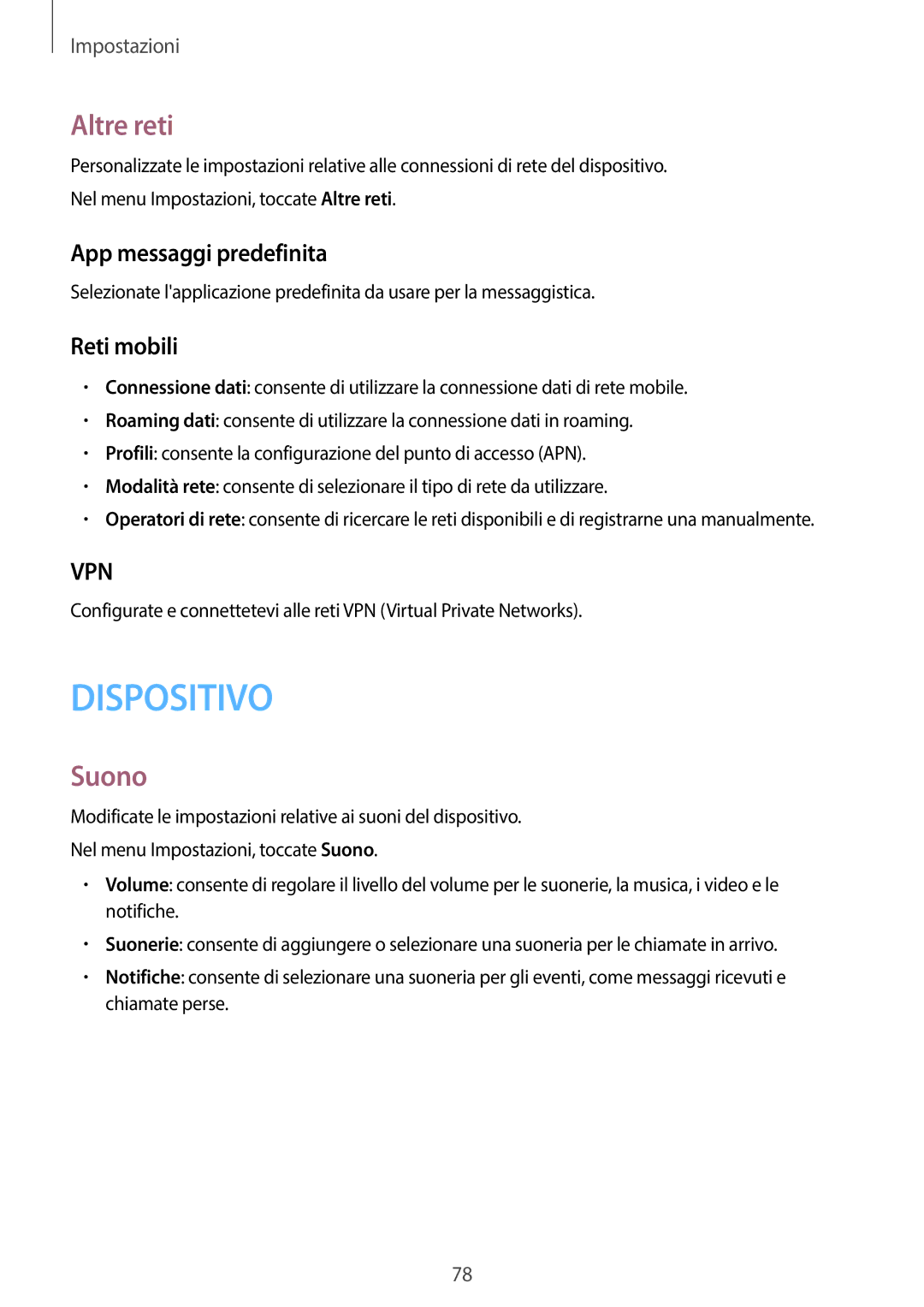 Samsung SM-T116NDWAITV manual Altre reti, Suono, App messaggi predefinita, Reti mobili 