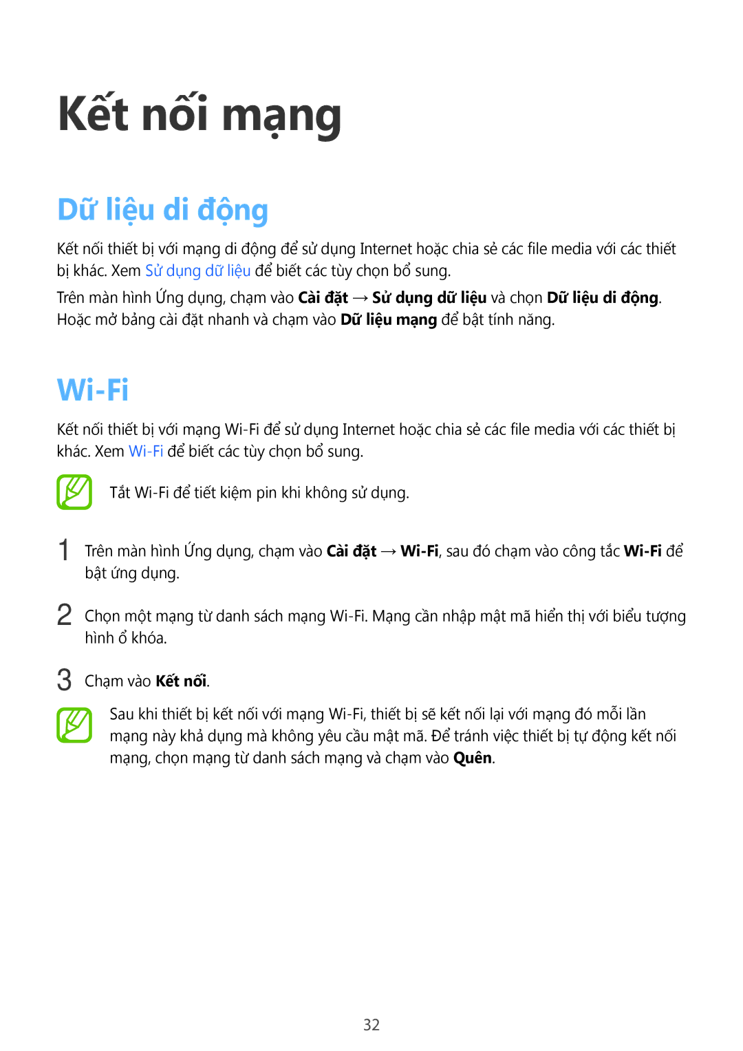 Samsung SM-T116NDWUXXV, SM-T116NYKUXXV manual Kết nối mạng, Dữ liệu di động, Wi-Fi 