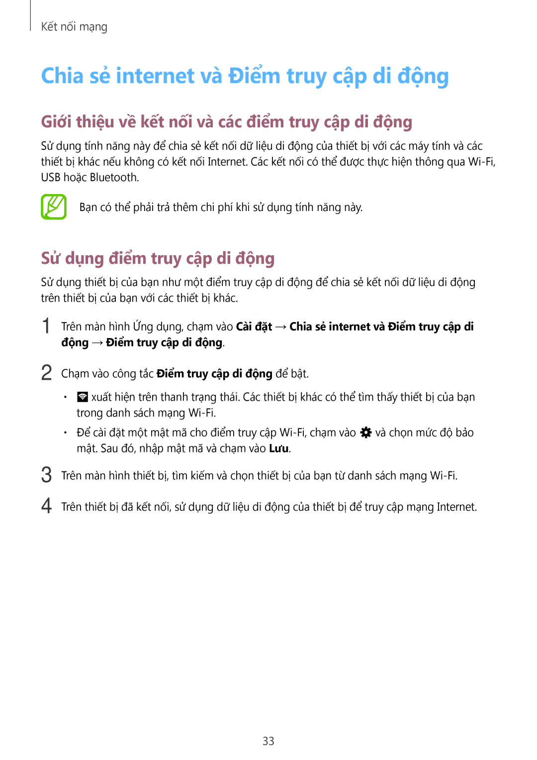 Samsung SM-T116NYKUXXV manual Chia sẻ internet va Điểm truy cập di động, Giới thiệu về kết nối và các điểm truy cập di động 