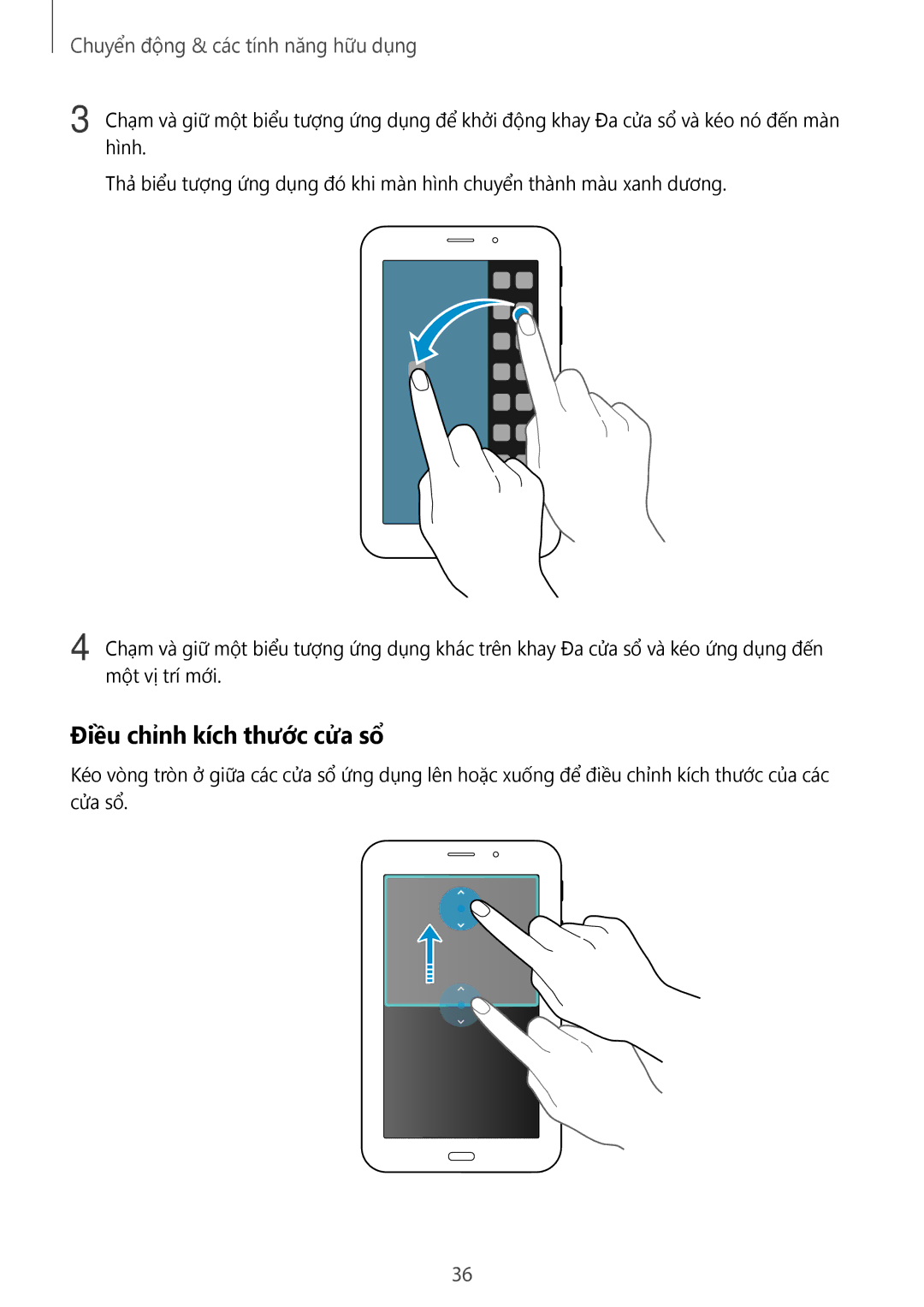 Samsung SM-T116NDWUXXV, SM-T116NYKUXXV manual Điều chỉnh kích thước cửa sổ, Chuyển động & các tính năng hữu dụng 