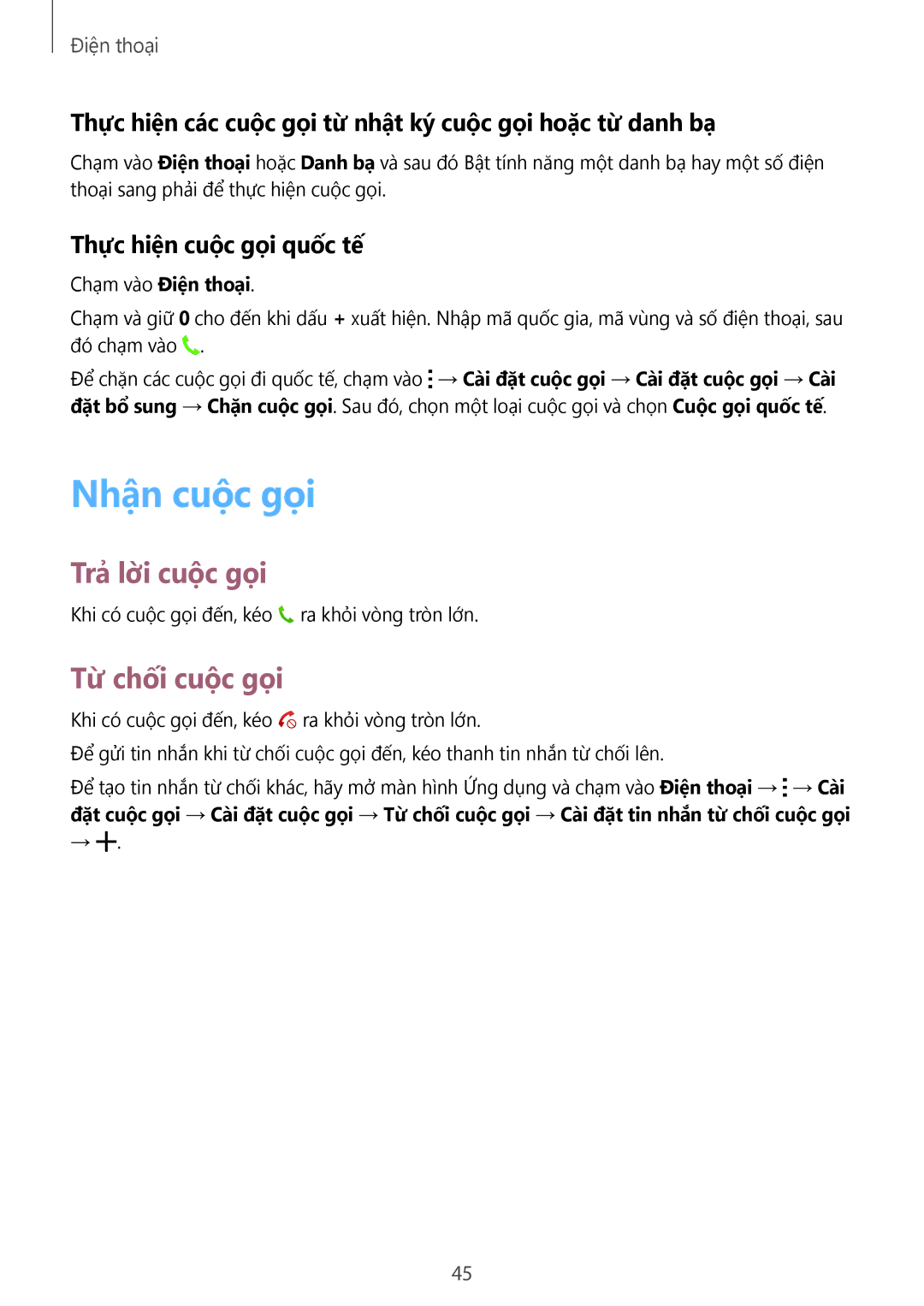 Samsung SM-T116NYKUXXV, SM-T116NDWUXXV manual Nhận cuộc gọi, Trả lờ̀i cuộc gọi, Tư chối cuôc goi, Thực hiện cuộc gọi quốc tế 