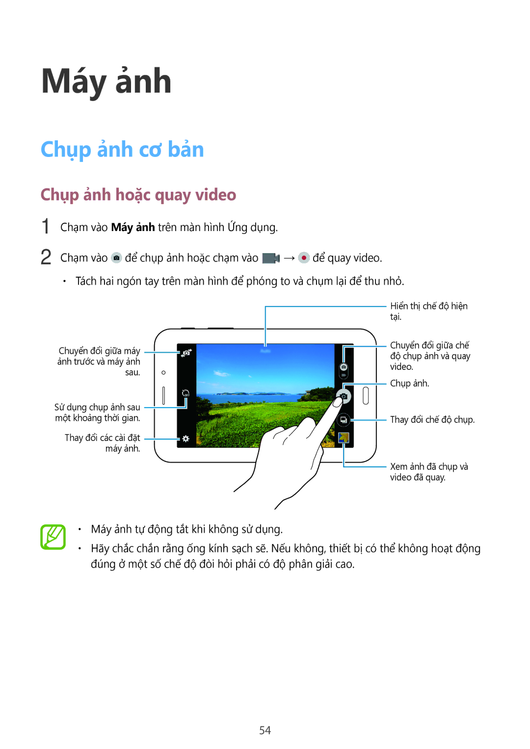 Samsung SM-T116NDWUXXV, SM-T116NYKUXXV manual Máy ảnh, Chụp ảnh cơ bản, Chụp ảnh hoặc quay video 