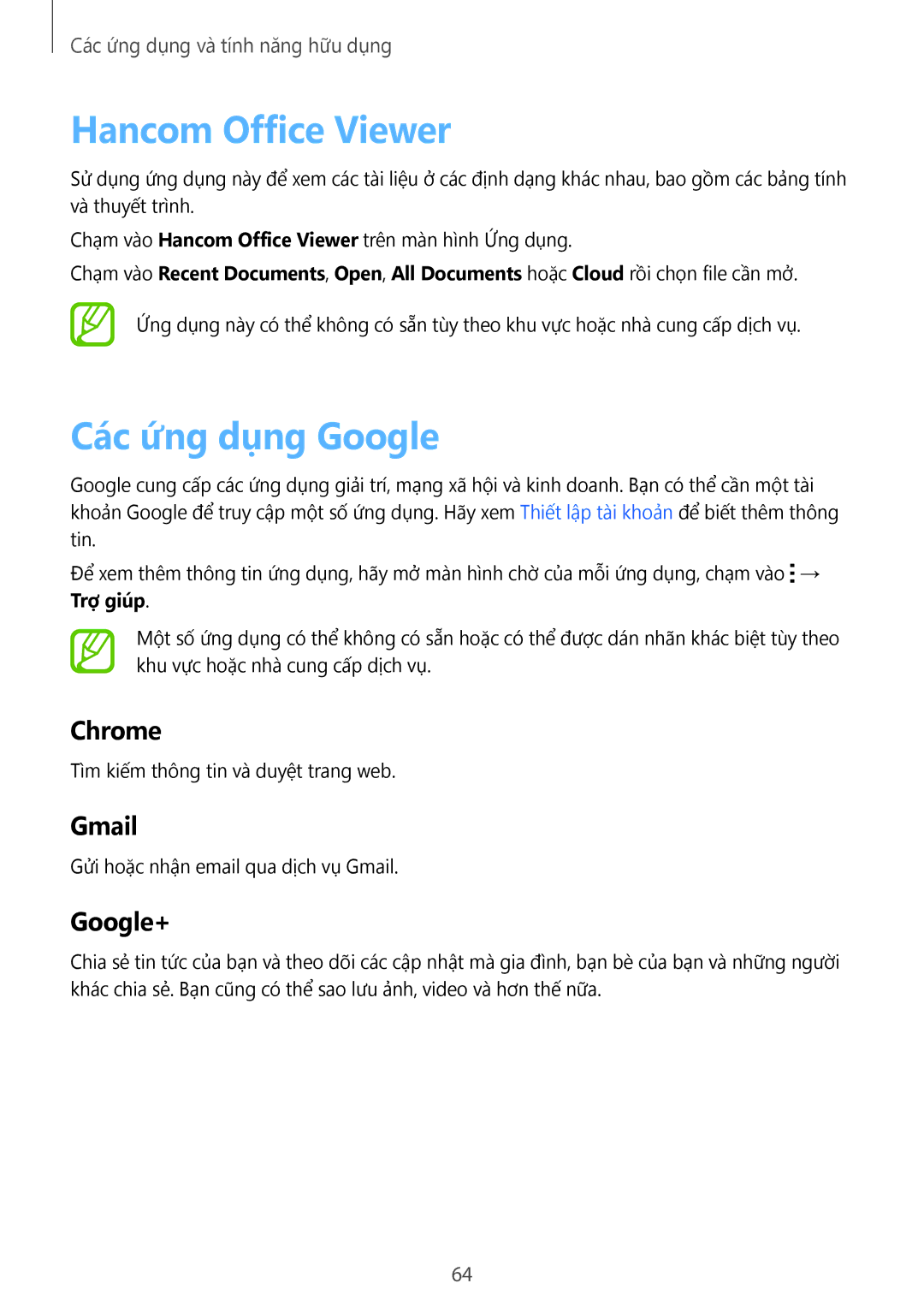 Samsung SM-T116NDWUXXV, SM-T116NYKUXXV manual Hancom Office Viewer, Các ứng dụng Google 