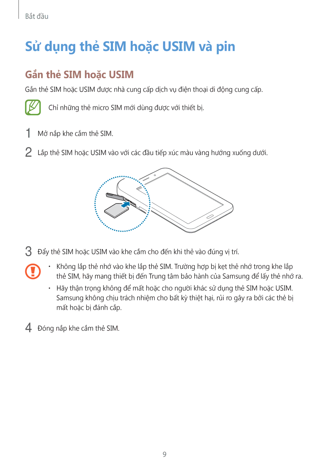 Samsung SM-T116NYKUXXV, SM-T116NDWUXXV manual Sử dụng thẻ SIM hoặc Usim và pin, Gắn thẻ SIM hoặc Usim 