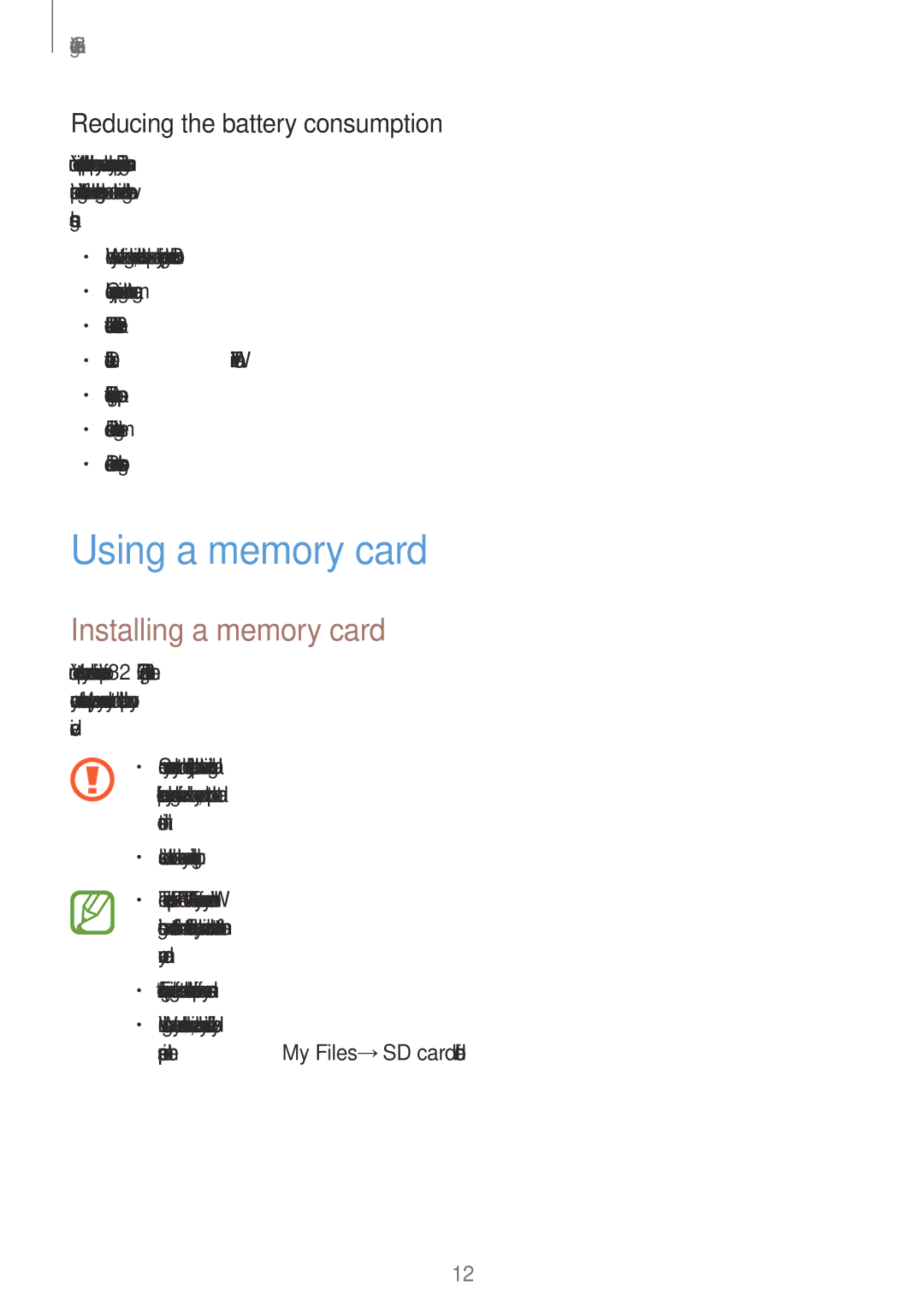 Samsung SM-T116NDWUXXV, SM-T116NYKUXXV Using a memory card, Installing a memory card, Reducing the battery consumption 