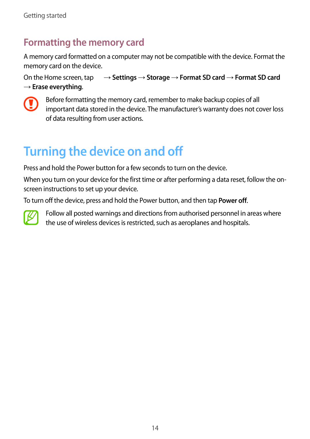 Samsung SM-T116NDWUXXV, SM-T116NYKUXXV manual Turning the device on and off, Formatting the memory card, → Erase everything 