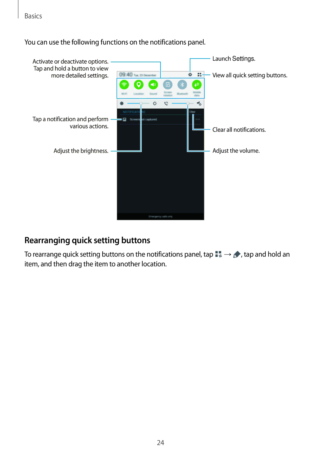 Samsung SM-T116NDWUXXV, SM-T116NYKUXXV manual Rearranging quick setting buttons 