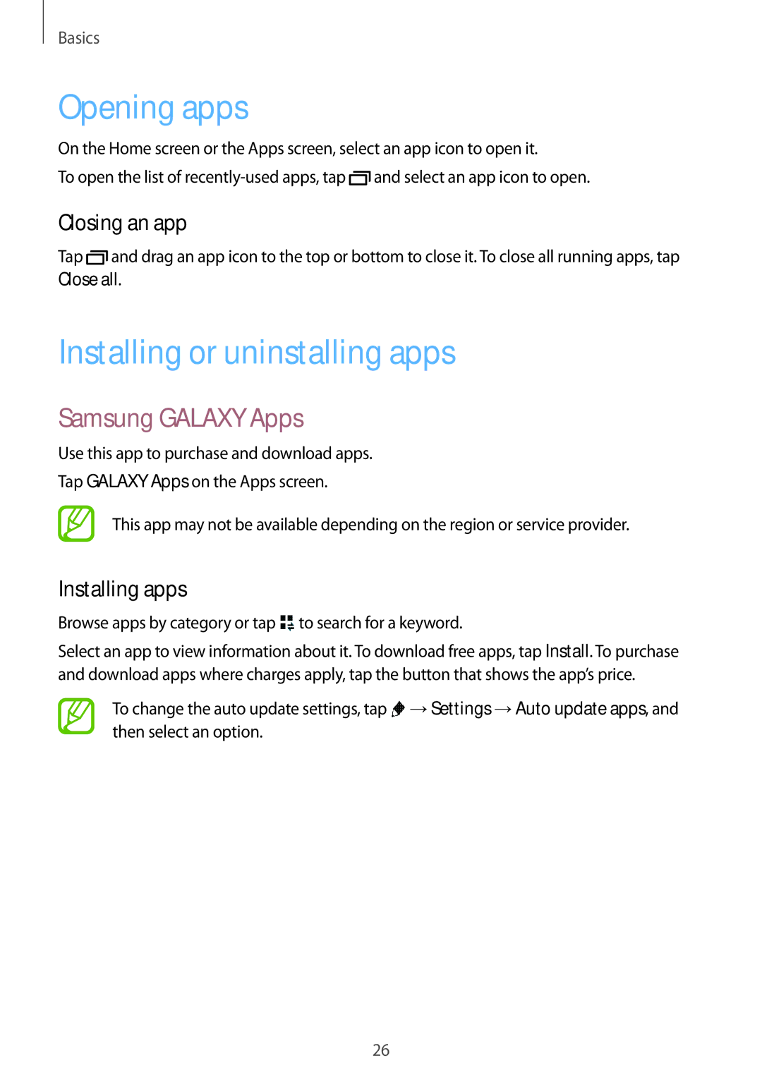 Samsung SM-T116NDWUXXV Opening apps, Installing or uninstalling apps, Samsung Galaxy Apps, Closing an app, Installing apps 