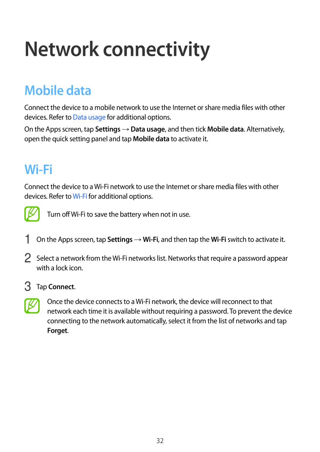 Samsung SM-T116NDWUXXV, SM-T116NYKUXXV manual Network connectivity, Mobile data, Wi-Fi, Tap Connect 