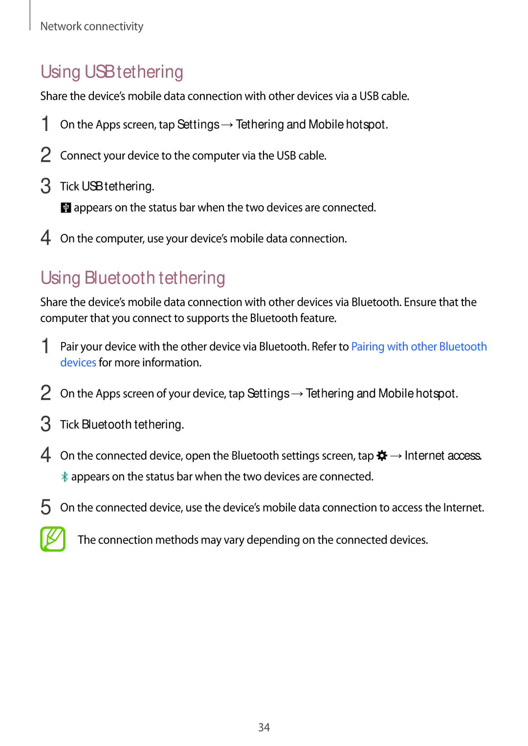 Samsung SM-T116NDWUXXV manual Using USB tethering, Using Bluetooth tethering, Tick USB tethering, Tick Bluetooth tethering 