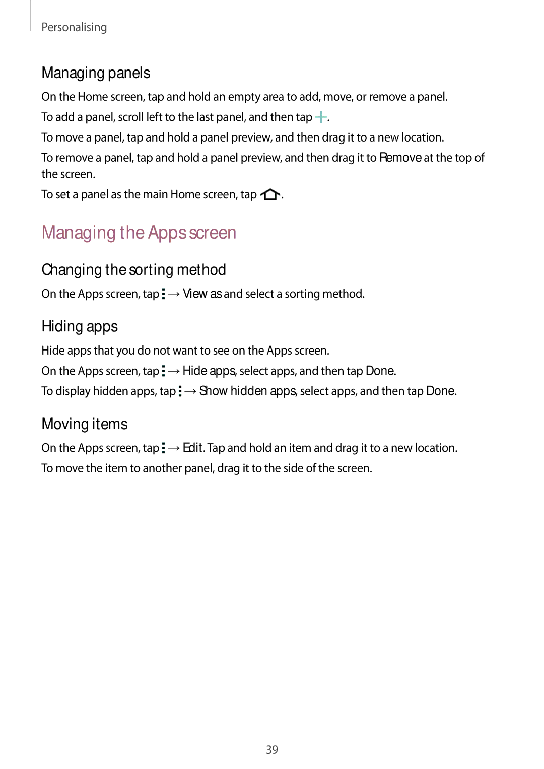 Samsung SM-T116NYKUXXV Managing the Apps screen, Managing panels, Changing the sorting method, Hiding apps, Moving items 