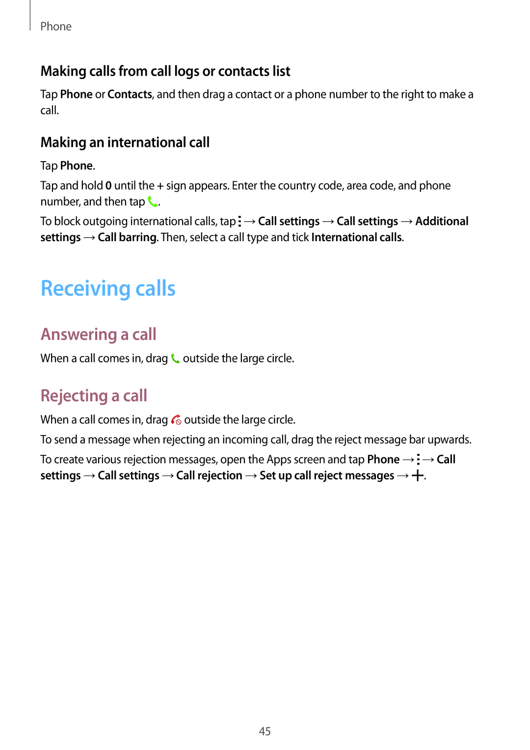 Samsung SM-T116NYKUXXV Receiving calls, Answering a call, Rejecting a call, Making calls from call logs or contacts list 