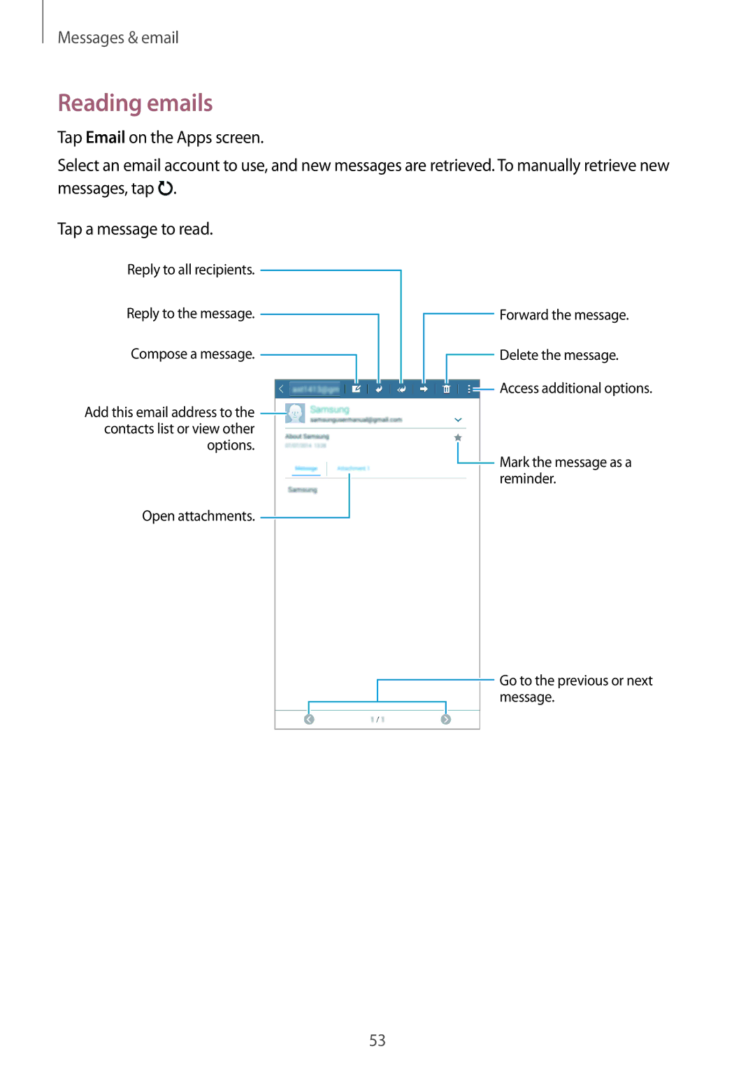 Samsung SM-T116NYKUXXV, SM-T116NDWUXXV manual Reading emails 