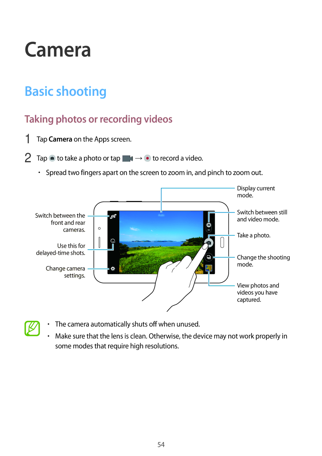 Samsung SM-T116NDWUXXV, SM-T116NYKUXXV manual Camera, Basic shooting, Taking photos or recording videos 