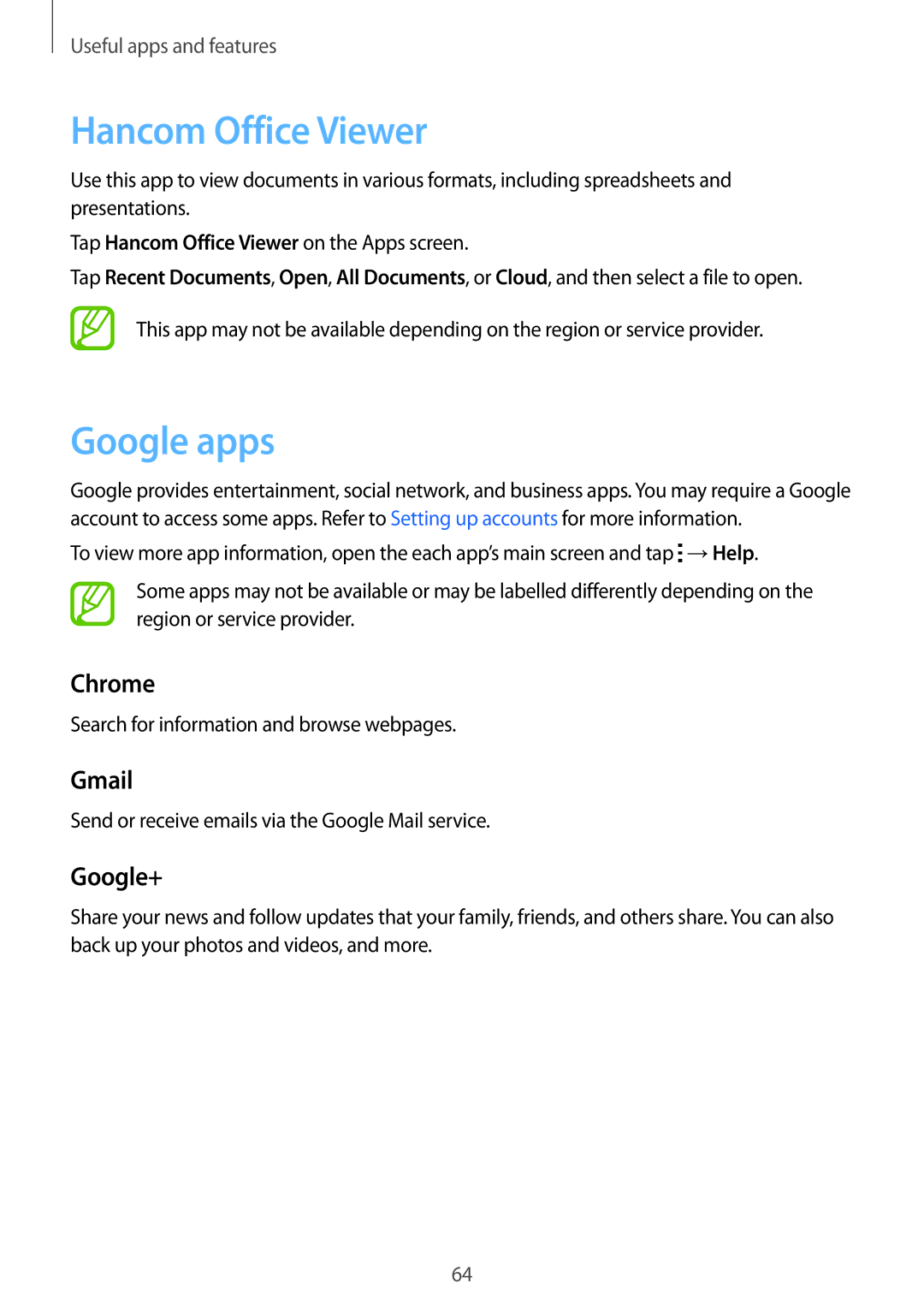 Samsung SM-T116NDWUXXV, SM-T116NYKUXXV manual Hancom Office Viewer, Google apps, Chrome, Gmail, Google+ 
