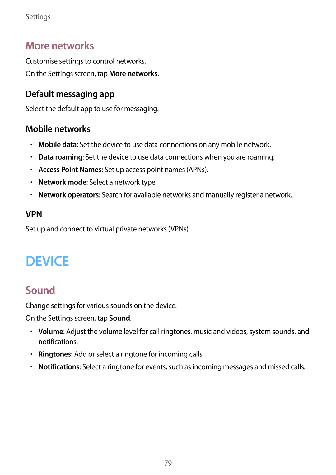 Samsung SM-T116NYKUXXV, SM-T116NDWUXXV manual More networks, Sound, Default messaging app, Mobile networks 