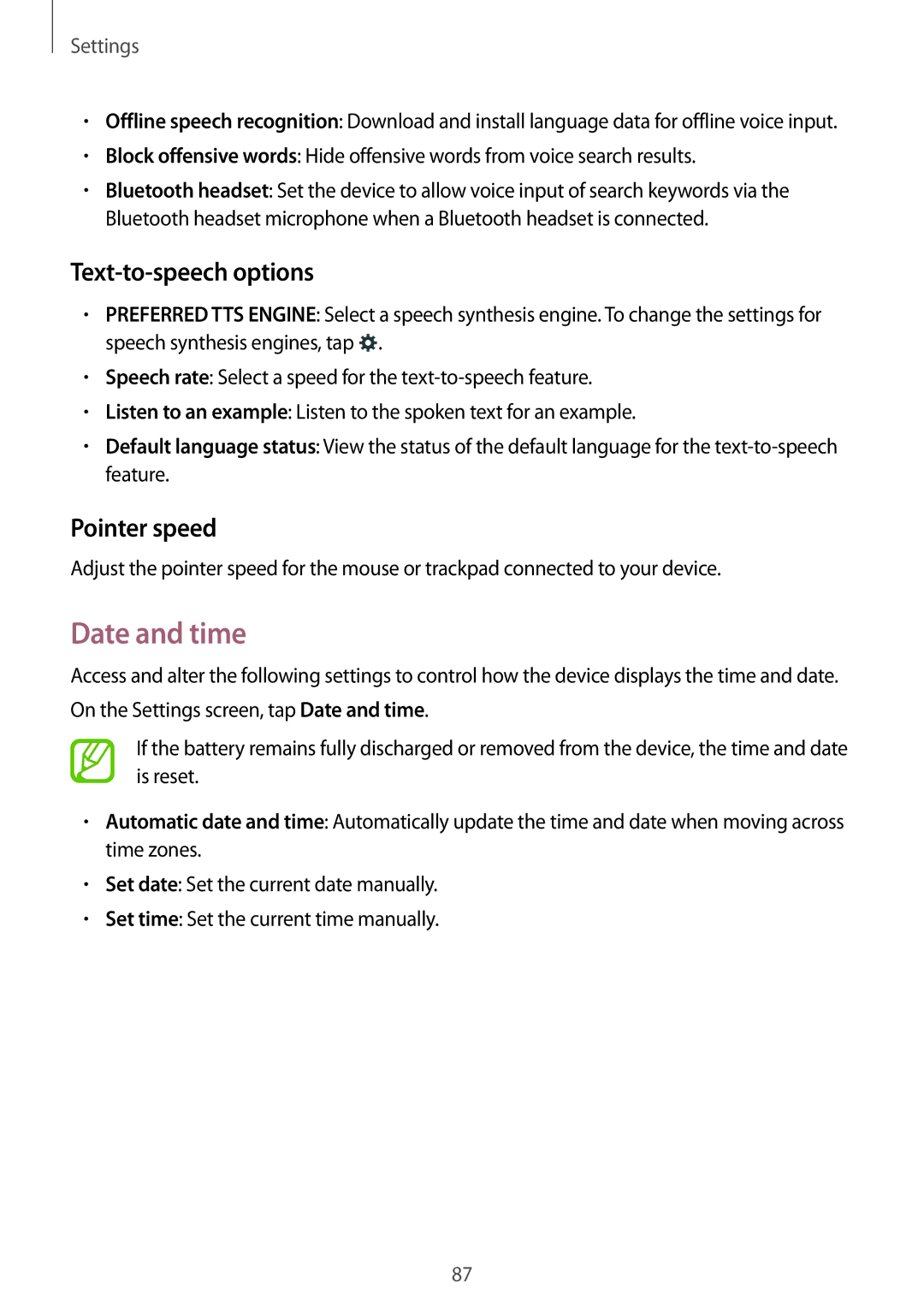 Samsung SM-T116NYKUXXV, SM-T116NDWUXXV manual Date and time, Text-to-speech options, Pointer speed 