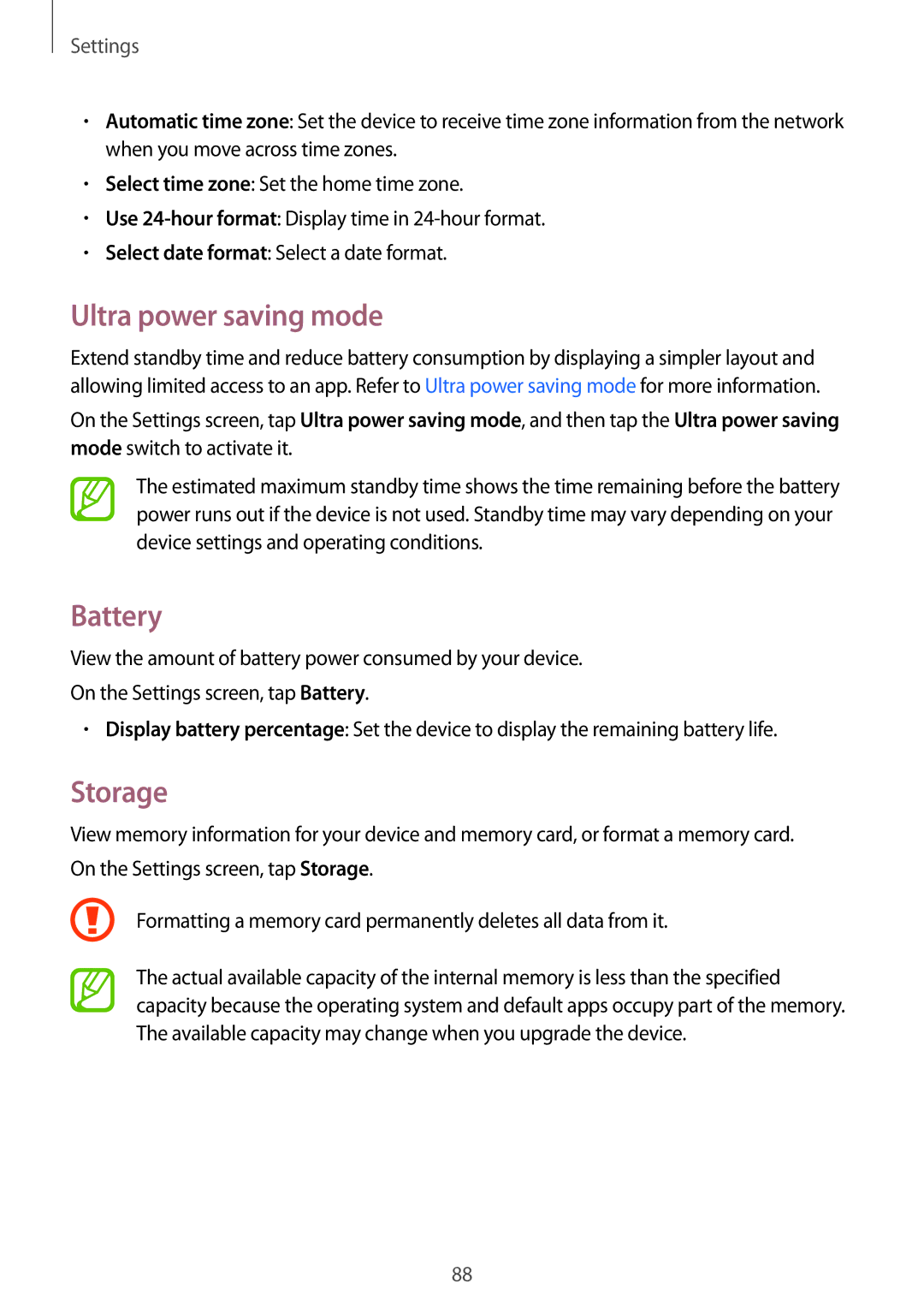 Samsung SM-T116NDWUXXV, SM-T116NYKUXXV manual Battery, Storage 