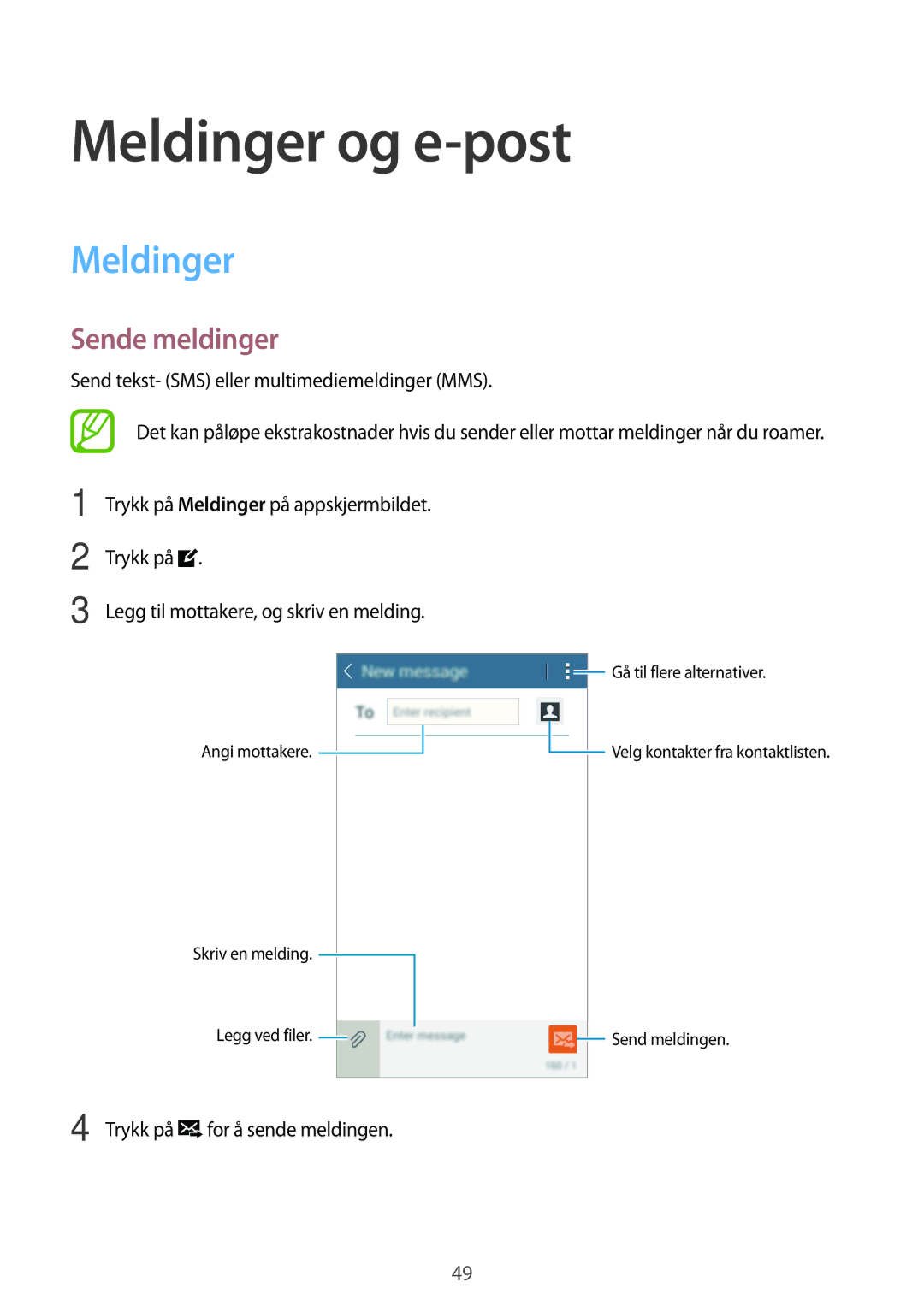 Samsung SM-T116NDWANEE, SM-T116NYKANEE manual Meldinger og e-post, Sende meldinger, Trykk på 