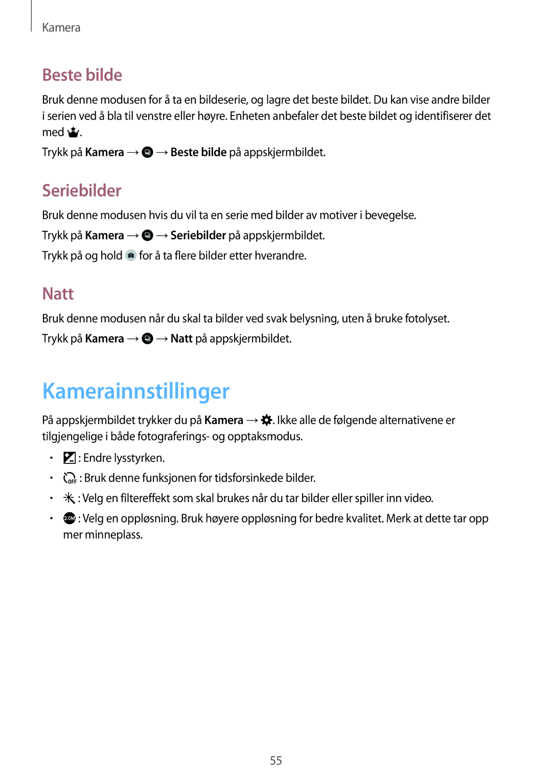 Samsung SM-T116NDWANEE, SM-T116NYKANEE manual Kamerainnstillinger, Beste bilde, Seriebilder, Natt 