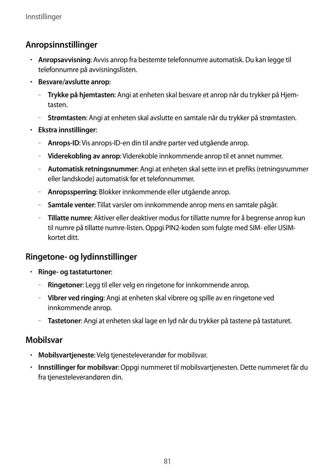 Samsung SM-T116NDWANEE, SM-T116NYKANEE manual Anropsinnstillinger, Ringetone- og lydinnstillinger, Mobilsvar 