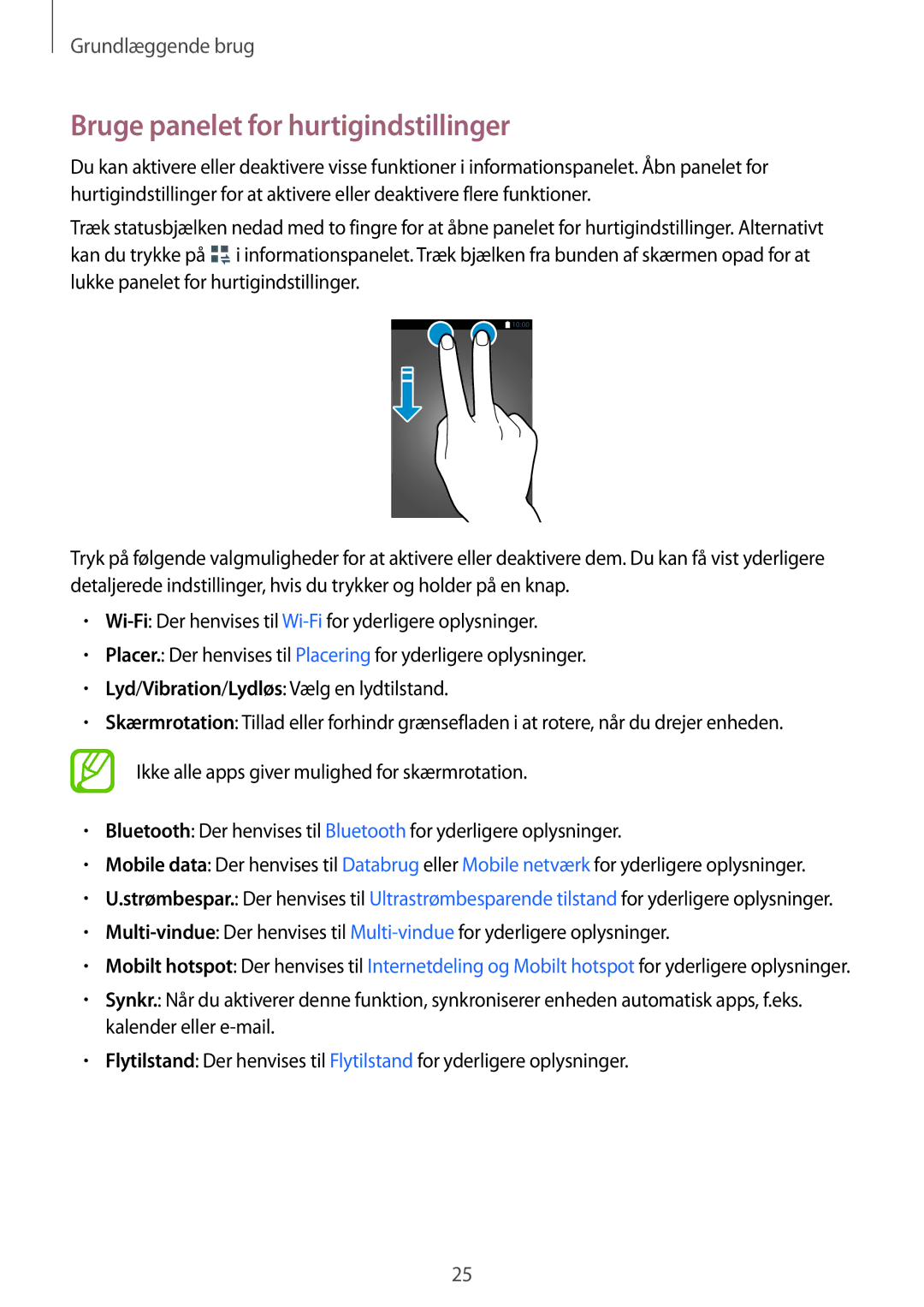 Samsung SM-T116NDWANEE, SM-T116NYKANEE manual Bruge panelet for hurtigindstillinger 