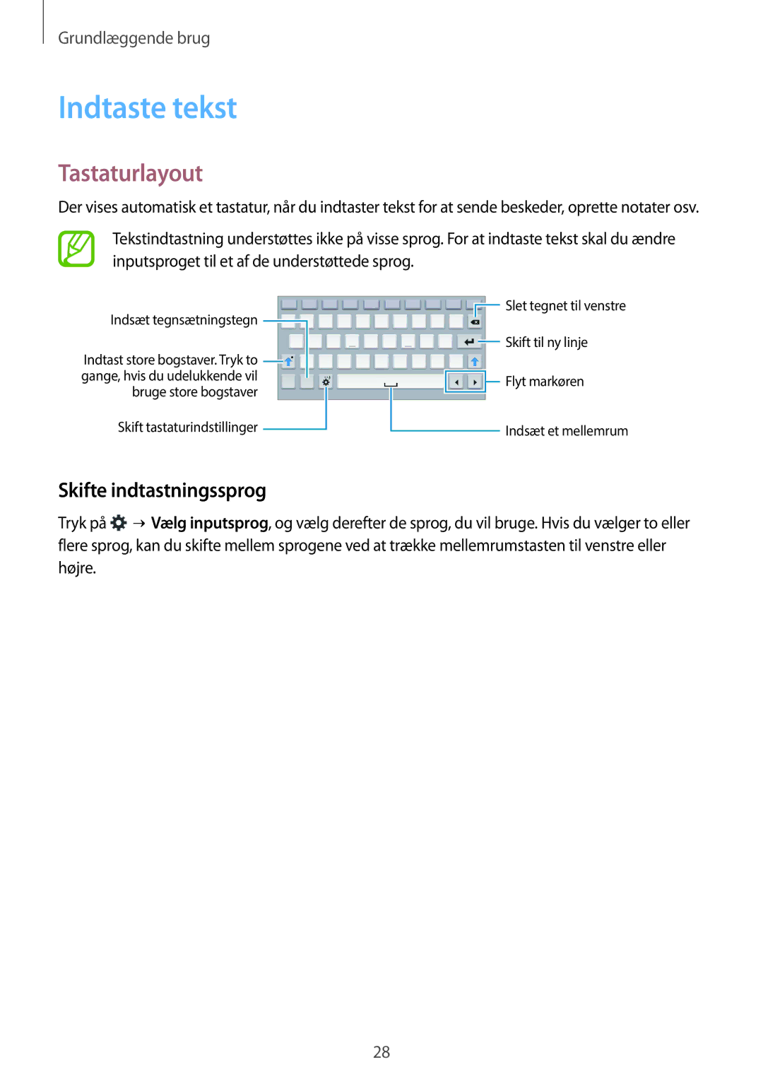 Samsung SM-T116NYKANEE, SM-T116NDWANEE manual Indtaste tekst, Tastaturlayout, Skifte indtastningssprog 