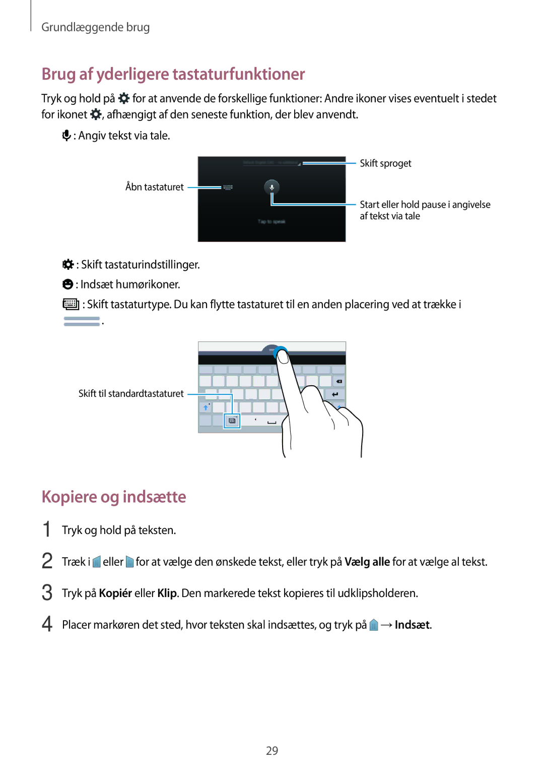 Samsung SM-T116NDWANEE, SM-T116NYKANEE manual Brug af yderligere tastaturfunktioner, Kopiere og indsætte 