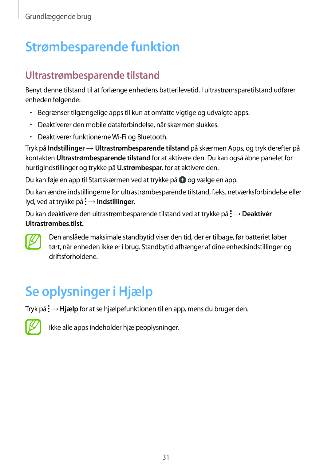 Samsung SM-T116NDWANEE, SM-T116NYKANEE Strømbesparende funktion, Se oplysninger i Hjælp, Ultrastrømbesparende tilstand 