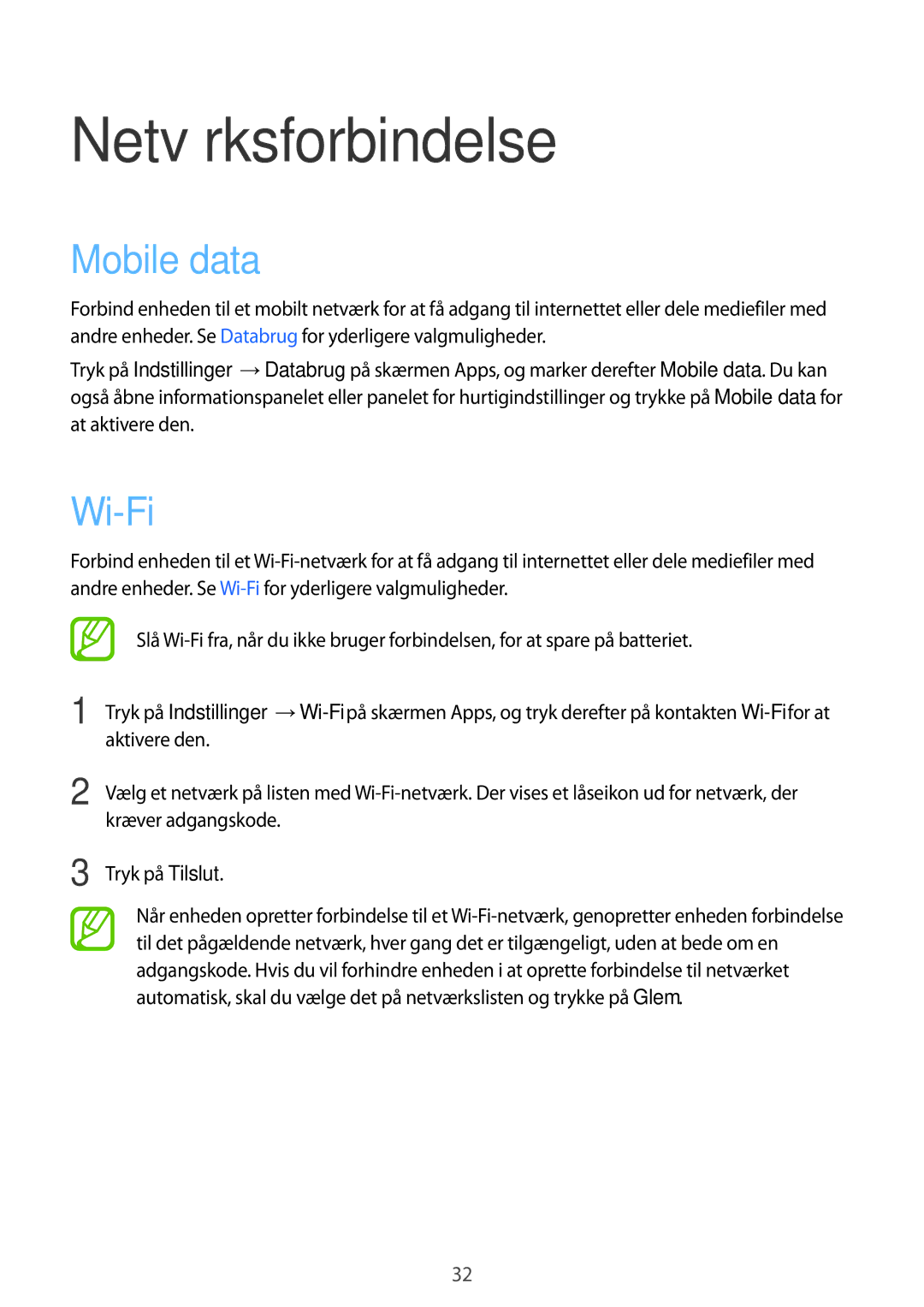 Samsung SM-T116NYKANEE, SM-T116NDWANEE manual Netværksforbindelse, Mobile data, Wi-Fi 