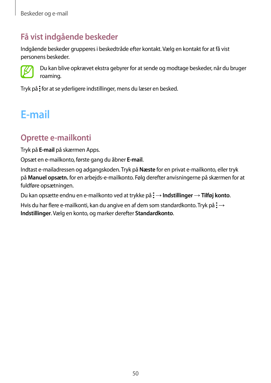 Samsung SM-T116NYKANEE, SM-T116NDWANEE manual Mail, Få vist indgående beskeder, Oprette e-mailkonti 