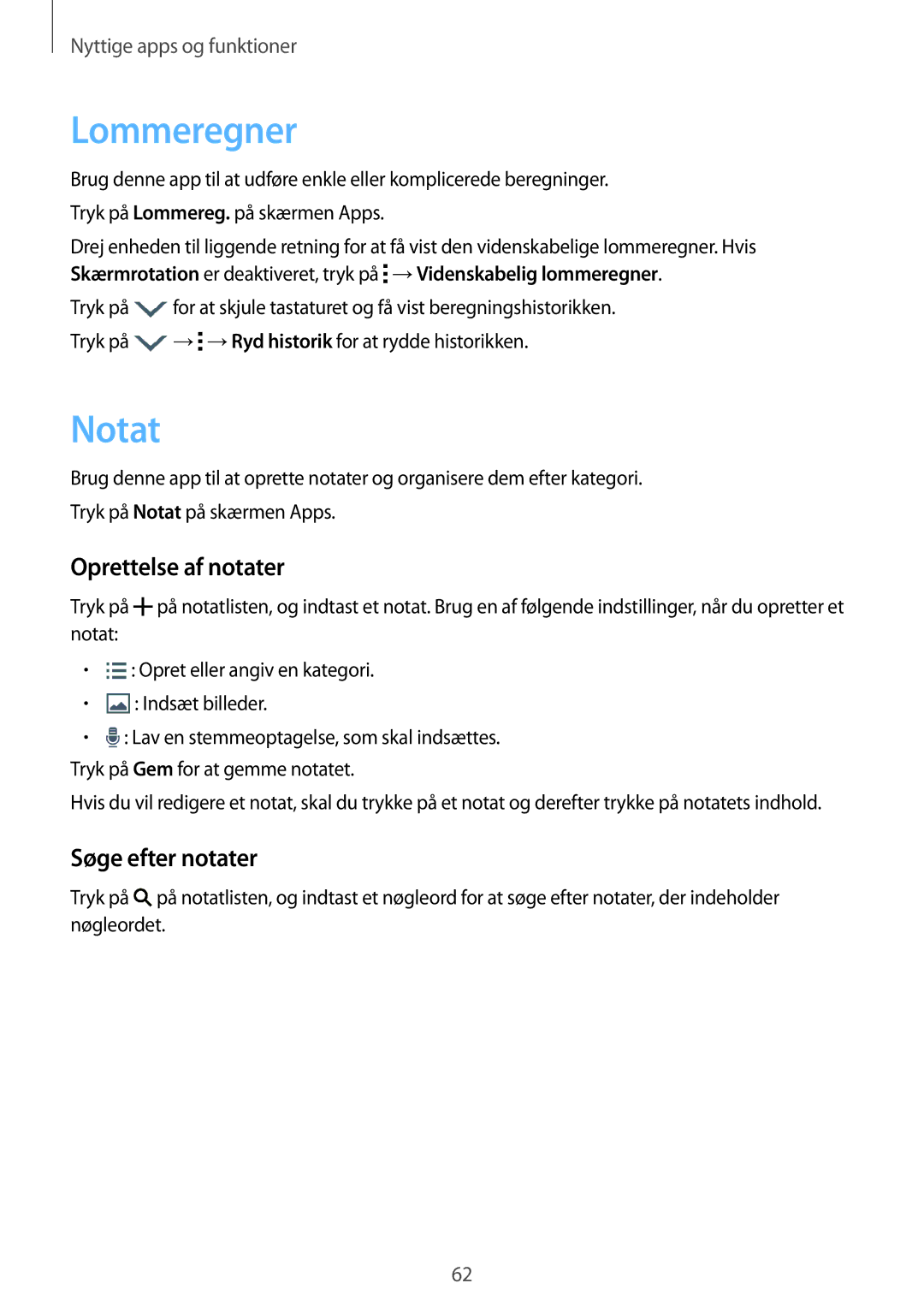 Samsung SM-T116NYKANEE, SM-T116NDWANEE manual Lommeregner, Notat, Oprettelse af notater, Søge efter notater 