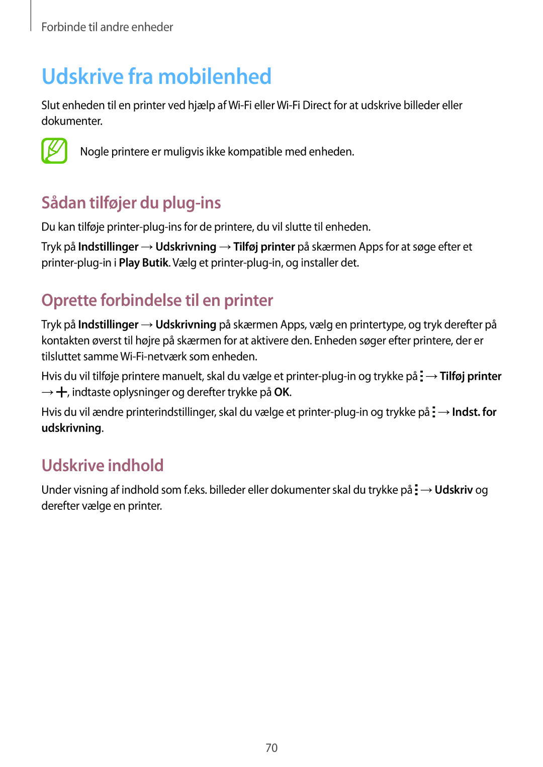 Samsung SM-T116NYKANEE manual Udskrive fra mobilenhed, Sådan tilføjer du plug-ins, Oprette forbindelse til en printer 